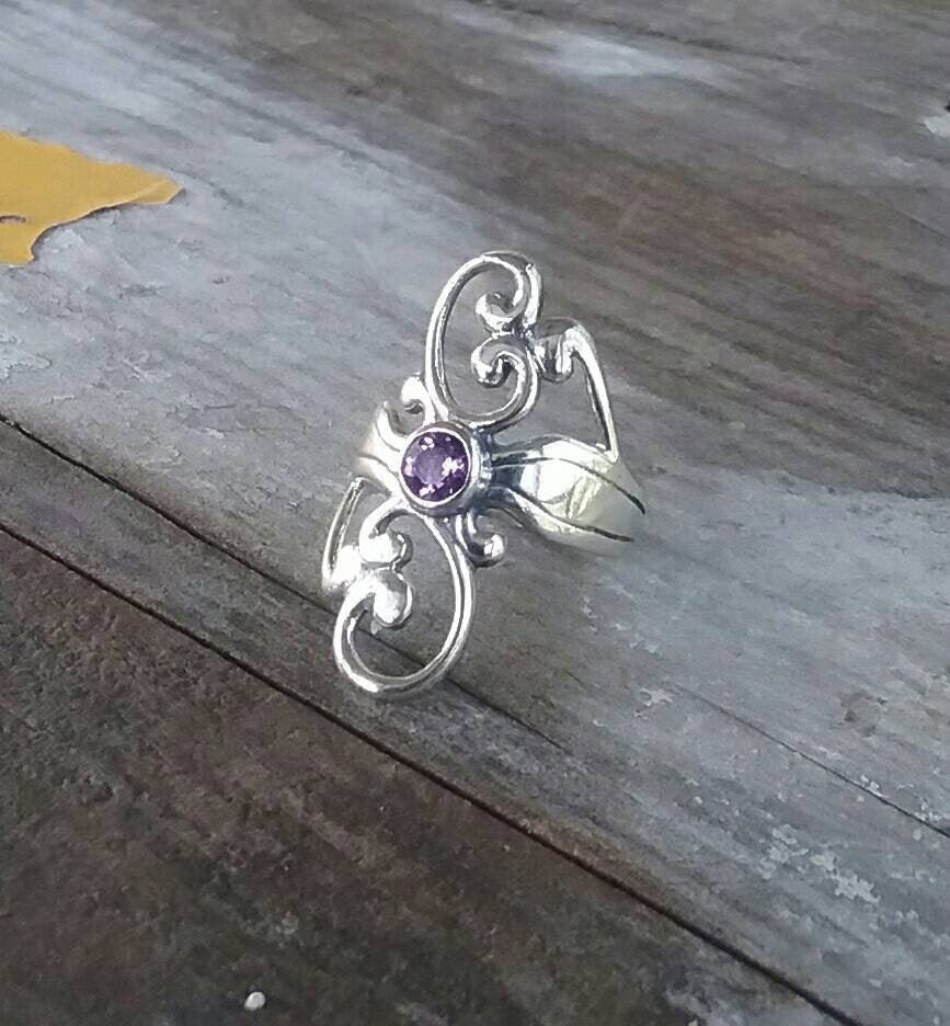 long plain silver swirl ring ,925 sterling silver,purple cubic zirconia,gothic,art nouveau, handmade,vintage,scrolls,boho,gypsy goddess