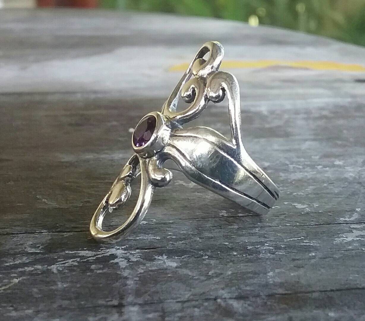 long plain silver swirl ring ,925 sterling silver,purple cubic zirconia,gothic,art nouveau, handmade,vintage,scrolls,boho,gypsy goddess