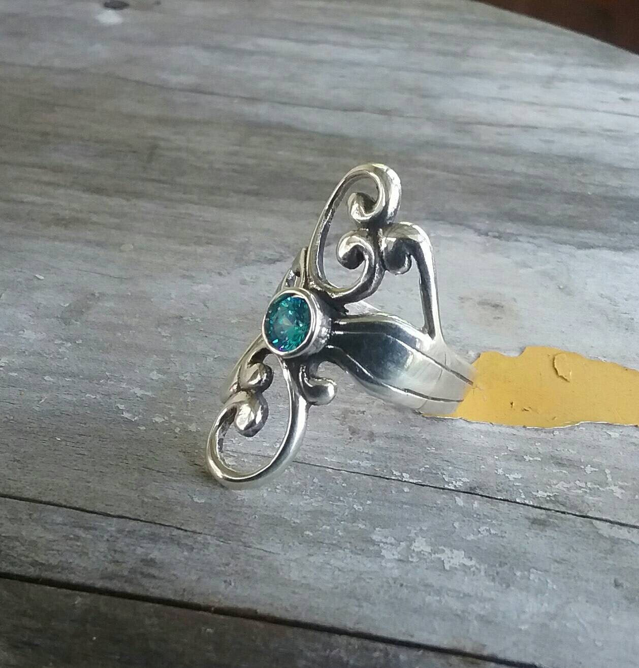 long swirl ring,925 sterling silver,blue cz stone scroll ring alternative steampunk gothic art nouveau,cubic zirconia ,