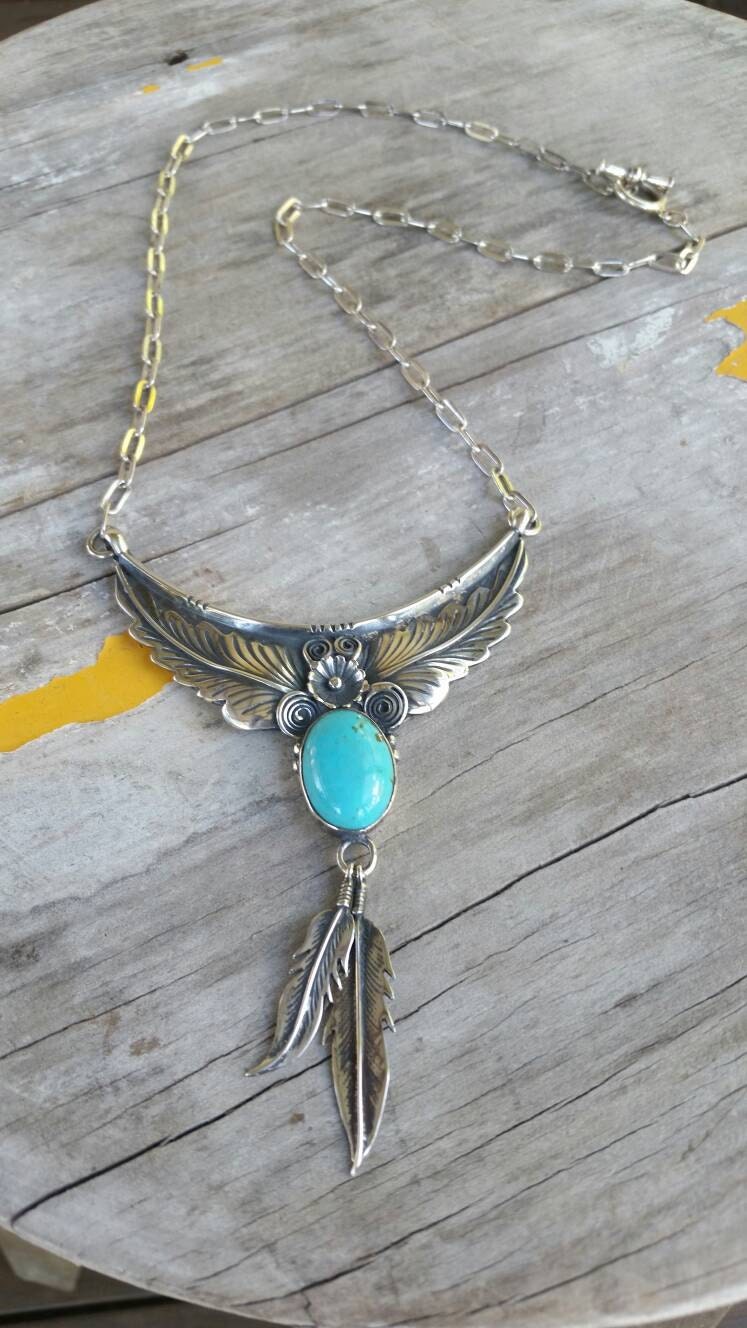 Large lapis lazuli necklace, feather, sterling silver, Navajo Indian style,tribal,boho shic,handmade,stone pendant,goddess,gypsy,ethic,hippy