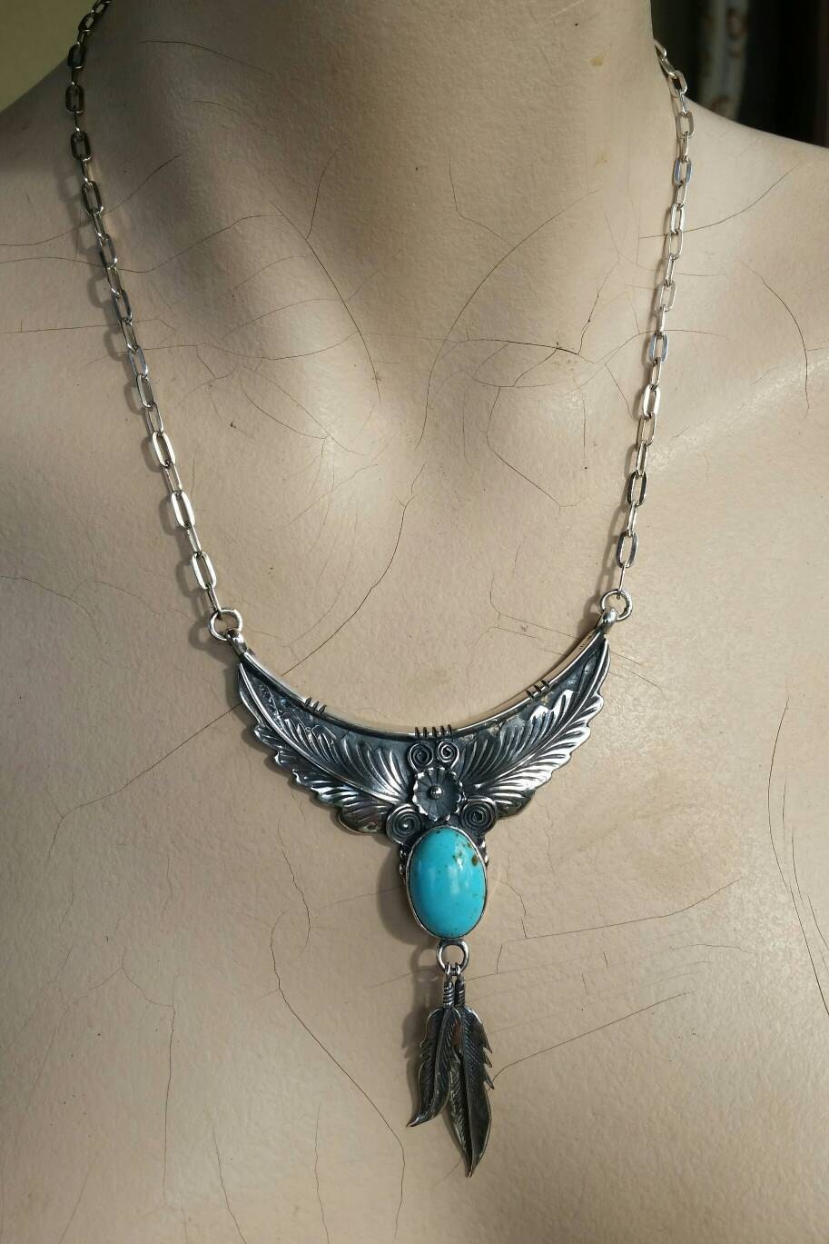 Large lapis lazuli necklace, feather, sterling silver, Navajo Indian style,tribal,boho shic,handmade,stone pendant,goddess,gypsy,ethic,hippy