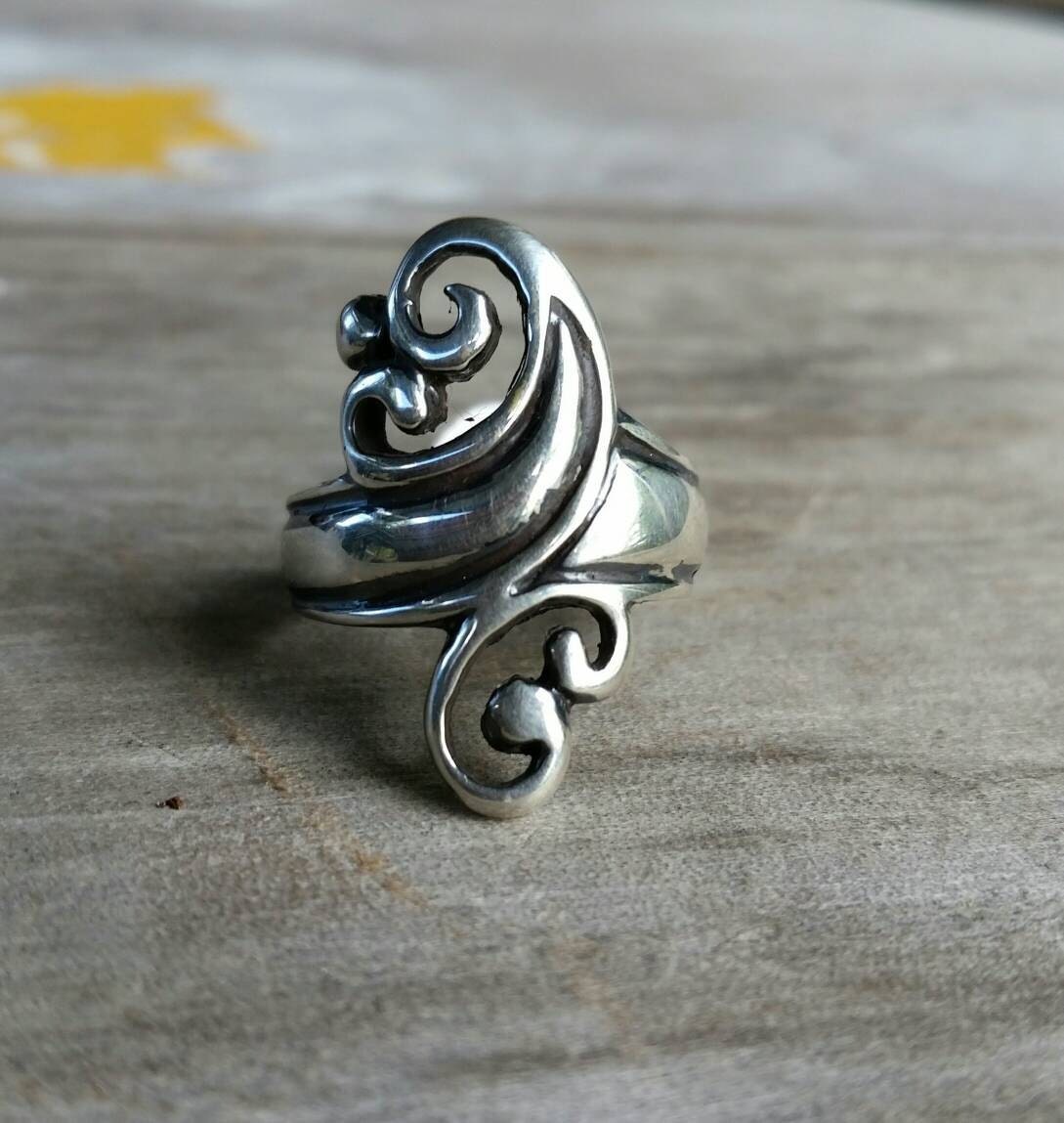 long swirl ring,925 sterling silver,scroll,handmade,steampunk,gothic,art nouveau,celtic, tribal,swirl,boho,gypsy,hippy,vintage,rockabilly
