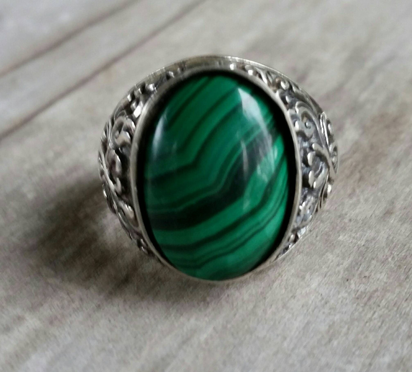large Malachite ring,925 sterling silver,scroll,baroque,wedding dress ring,antique,gemstone,green stone ring,mans stone ring,chunky,