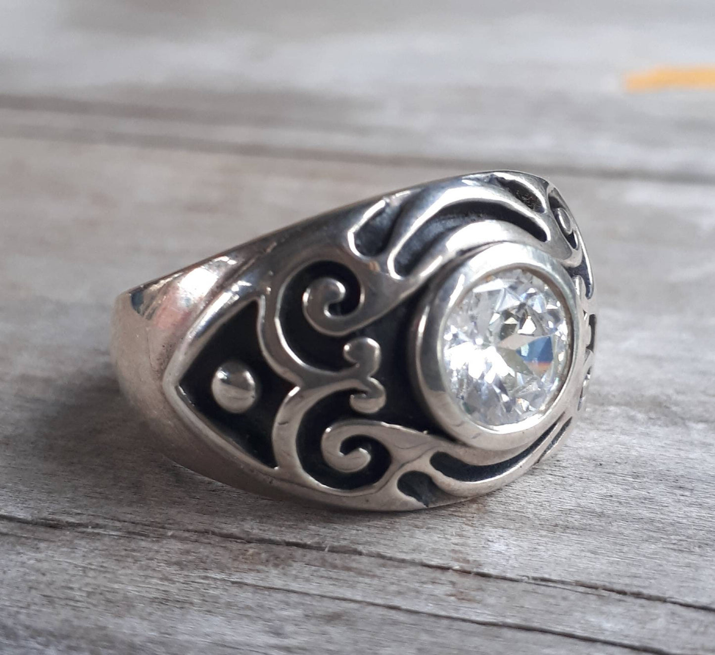 Wide mens cz stone silver ring,sterling silver, chunky band set with cubic zirconia,undress ring,signet ,tribal,vintage,boho,scroll,hipster,