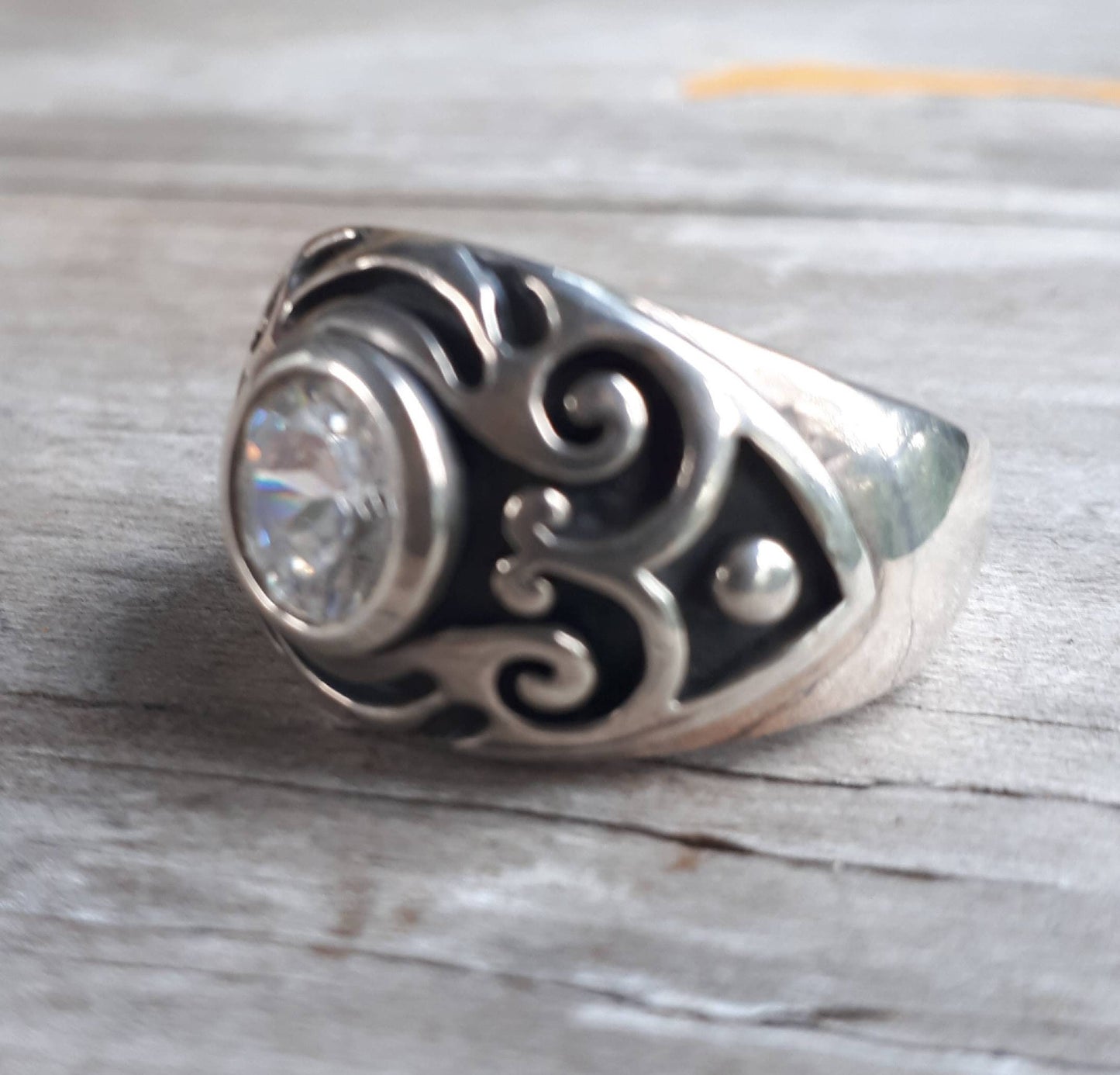 Wide mens cz stone silver ring,sterling silver, chunky band set with cubic zirconia,undress ring,signet ,tribal,vintage,boho,scroll,hipster,