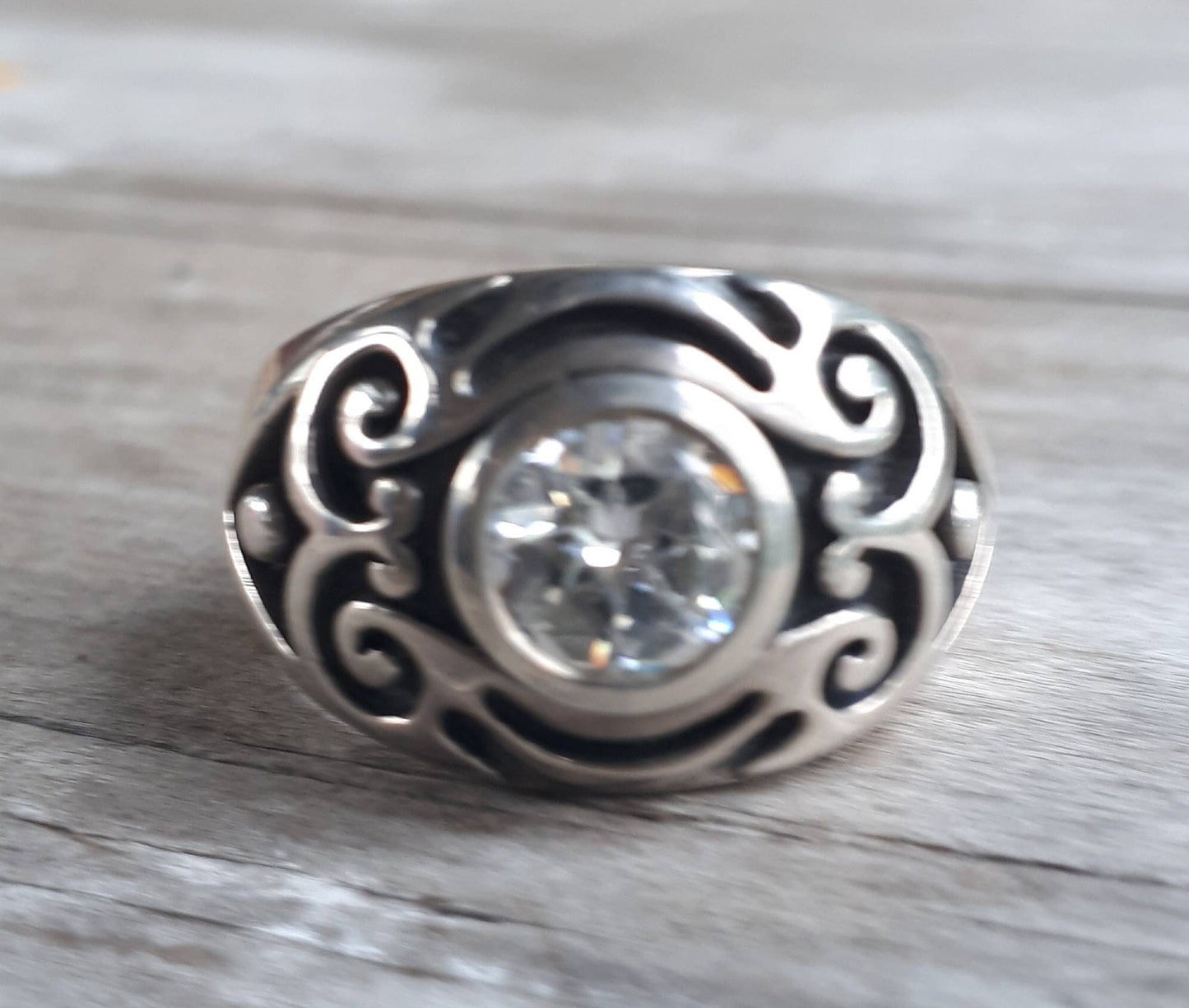Wide mens cz stone silver ring,sterling silver, chunky band set with cubic zirconia,undress ring,signet ,tribal,vintage,boho,scroll,hipster,