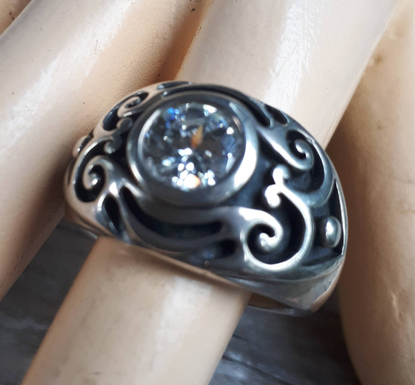 Wide mens cz stone silver ring,sterling silver, chunky band set with cubic zirconia,undress ring,signet ,tribal,vintage,boho,scroll,hipster,