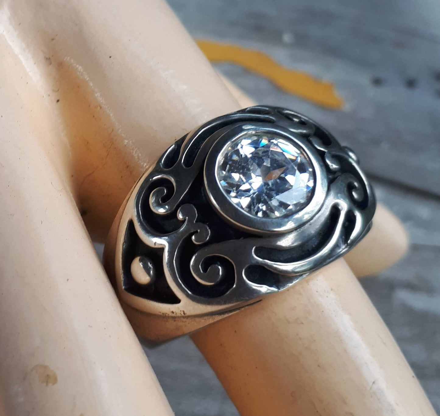 Wide mens cz stone silver ring,sterling silver, chunky band set with cubic zirconia,undress ring,signet ,tribal,vintage,boho,scroll,hipster,