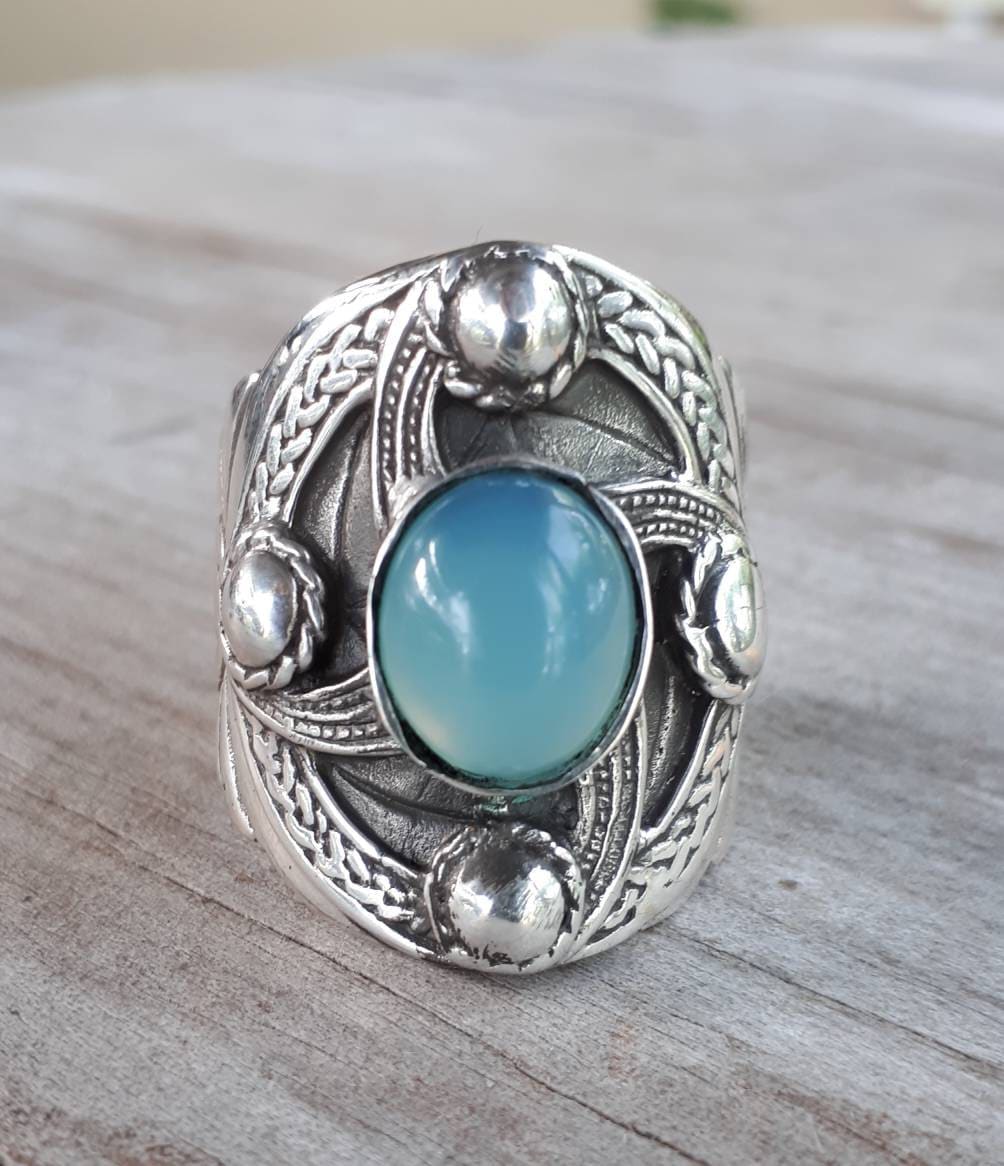 Large mans stone ring,925 sterling silver,blue chalcedony/onyx,celtic ring,medieval,tribal,large silver ring,shield,steampunk,celtic shield,