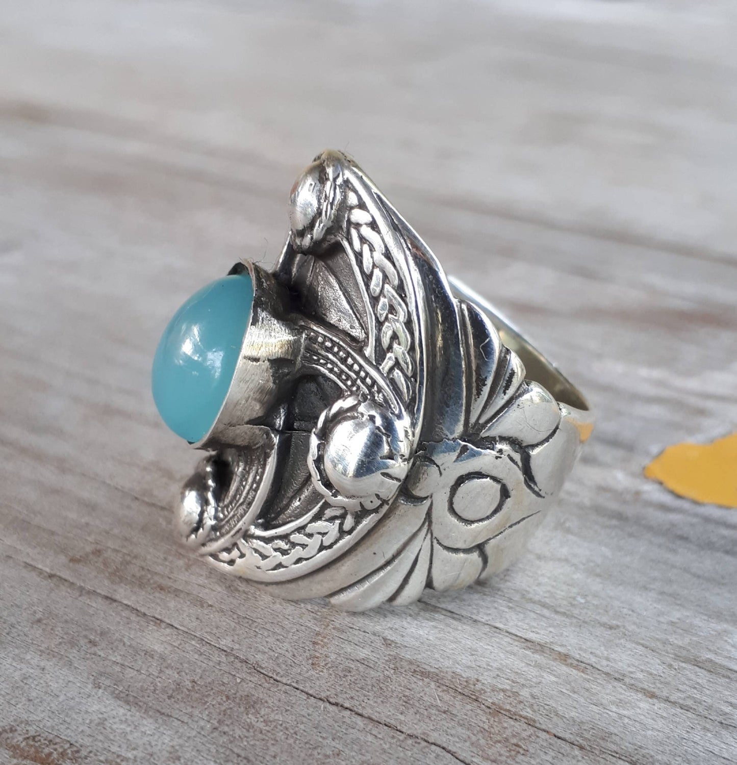 Large mans stone ring,925 sterling silver,blue chalcedony/onyx,celtic ring,medieval,tribal,large silver ring,shield,steampunk,celtic shield,