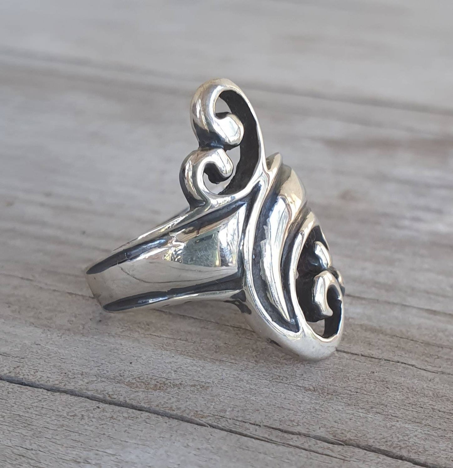 long swirl ring,925 sterling silver,scroll,handmade,steampunk,gothic,art nouveau,celtic, tribal,swirl,boho,gypsy,hippy,vintage,rockabilly