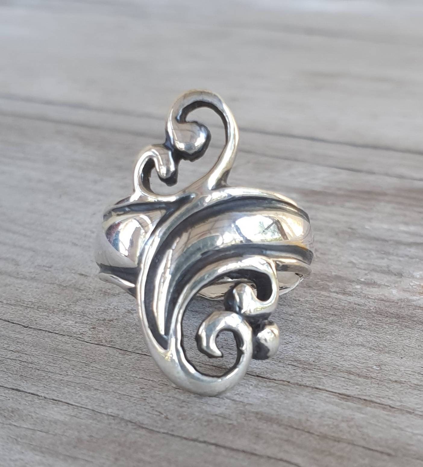 long silver ring,925 sterling,swirl,boho,gypsy,hippy,triple band.