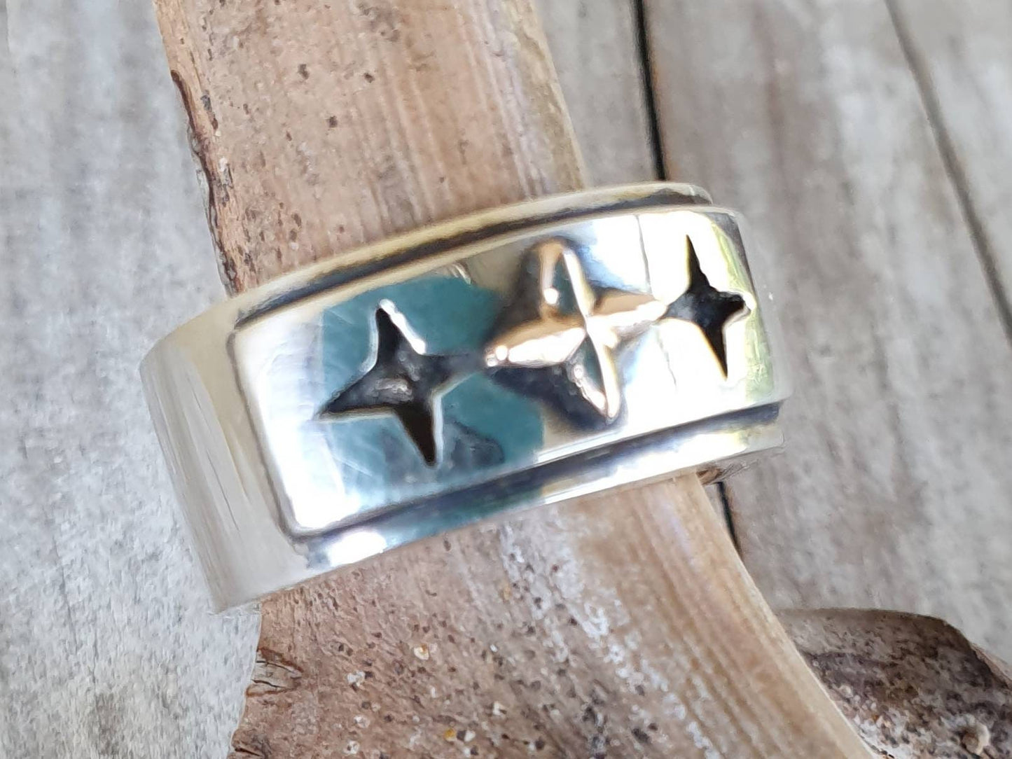 Gold star Cross ring.two tone band,10k gold, 925 sterling silver,chunky,even cross, wedding ring,oxidized,Christian,