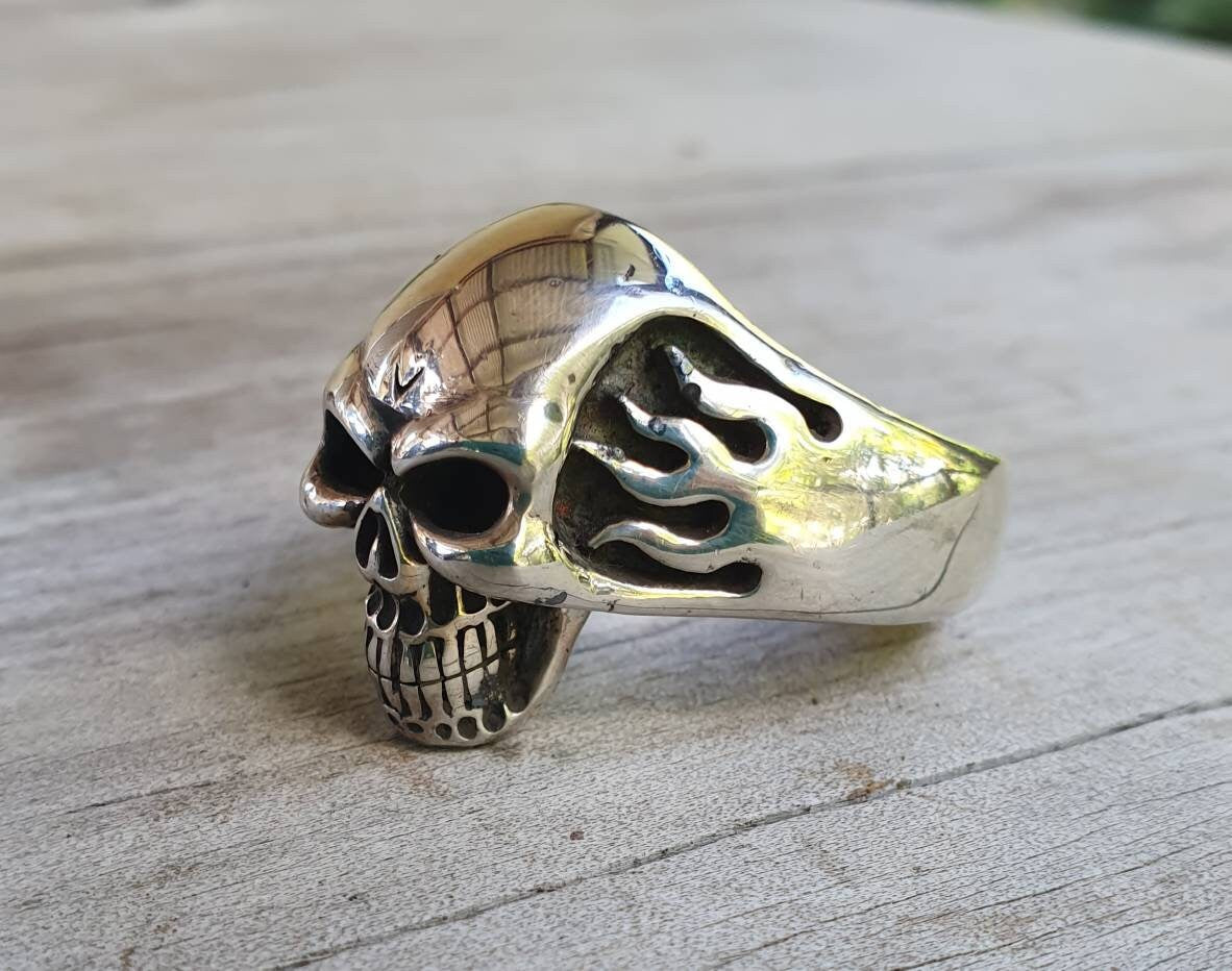Skull flame ring,sterling silver,kustom kulture roth flame,muscle car, steampunk,gothic, punk , solid,heavy,hipster