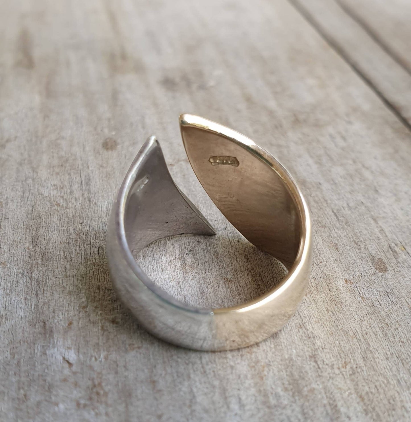 wide silver & gold ring,9k and 925 sterling silver,two tone,half 9ct gold half sterling silver,small size,modern,pinkie ring,handmade