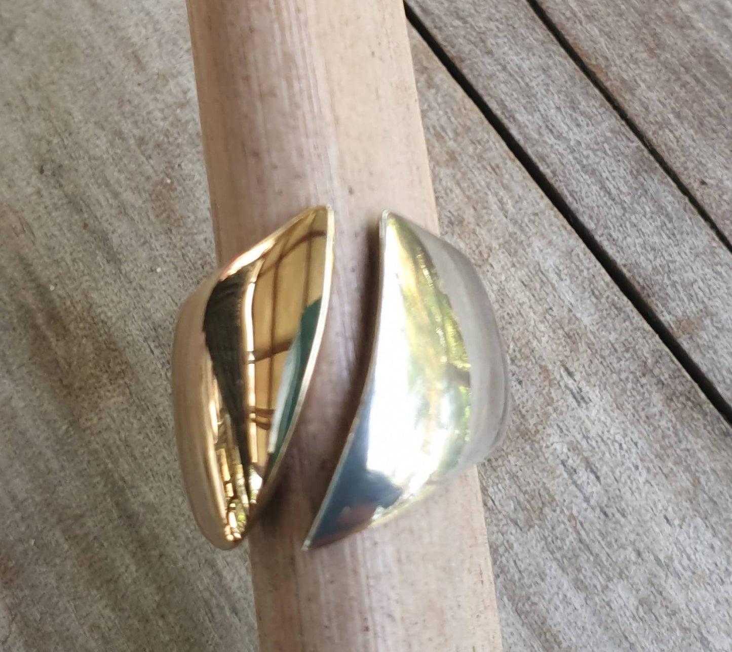 wide silver & gold ring,9k and 925 sterling silver,two tone,half 9ct gold half sterling silver,small size,modern,pinkie ring,handmade
