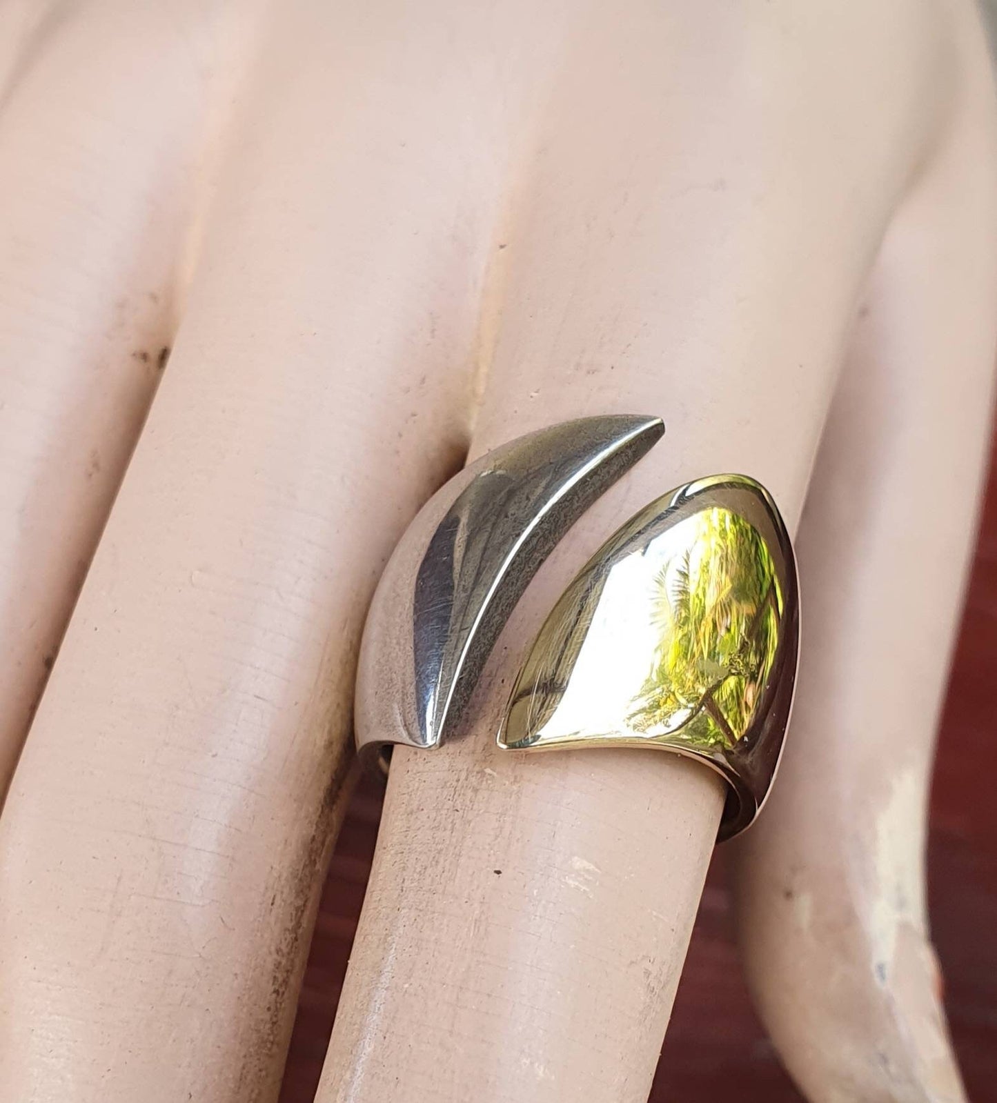 wide silver & gold ring,9k and 925 sterling silver,two tone,half 9ct gold half sterling silver,small size,modern,pinkie ring,handmade