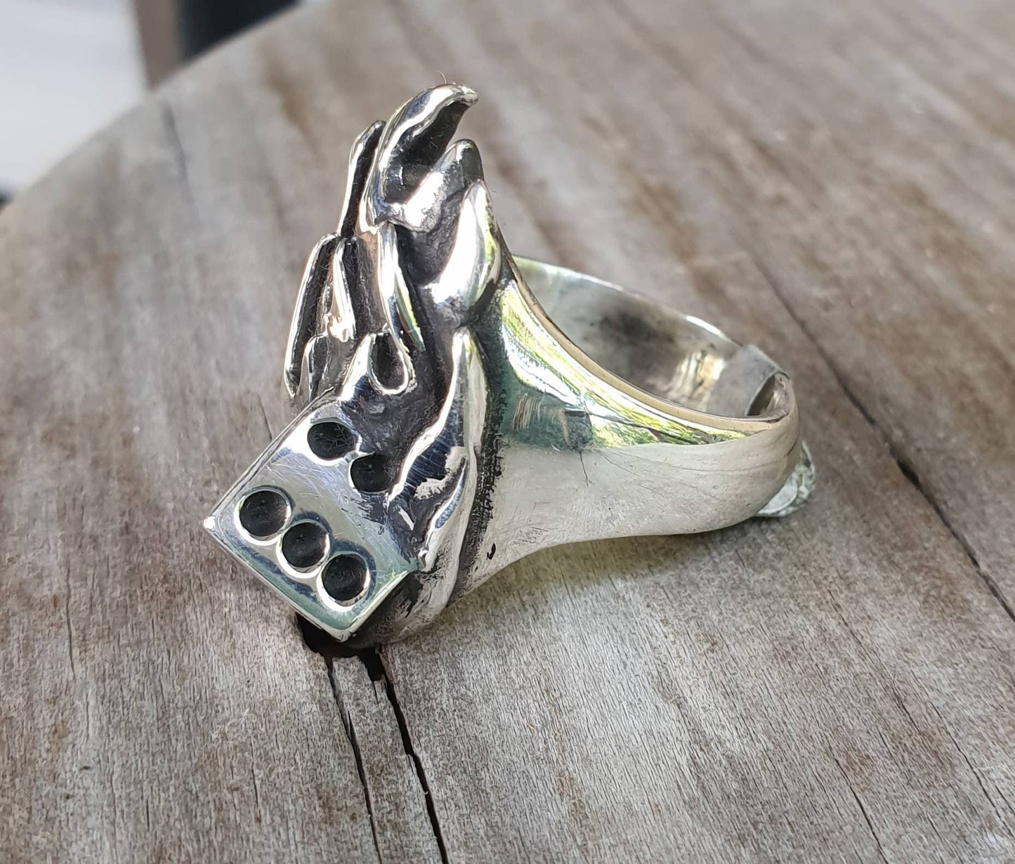 Large flame ring, dice,sterling silver,chunky mans gambling,vegas,Roth,rockabilly,hipster,kustom kulture ,hand made,biker