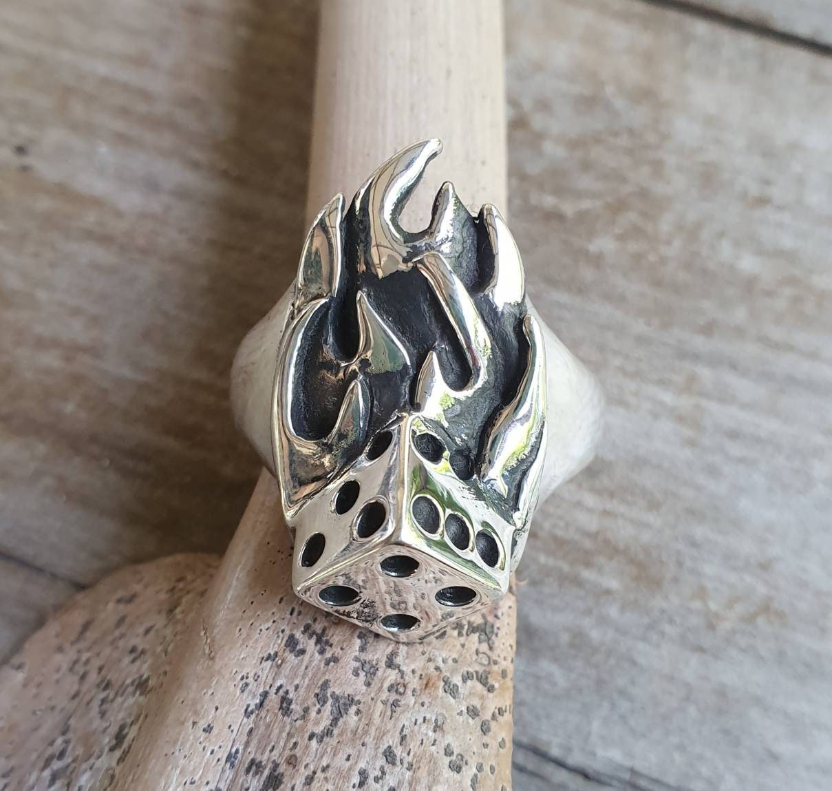 Large flame ring, dice,sterling silver,chunky mans gambling,vegas,Roth,rockabilly,hipster,kustom kulture ,hand made,biker