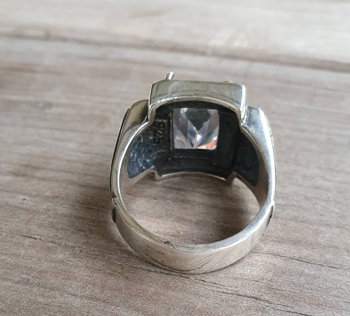 Large cz signet ring,skull and cross bone,sterling silver, rectangle cubic zirconia ,steampunk,gothic, punk,biker,pirate,skull,mans fashion