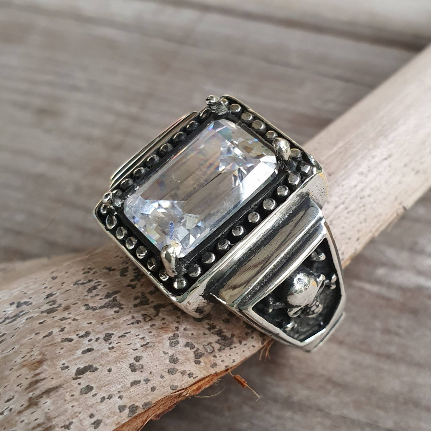 Large cz signet ring,skull and cross bone,sterling silver, rectangle cubic zirconia ,steampunk,gothic, punk,biker,pirate,skull,mans fashion
