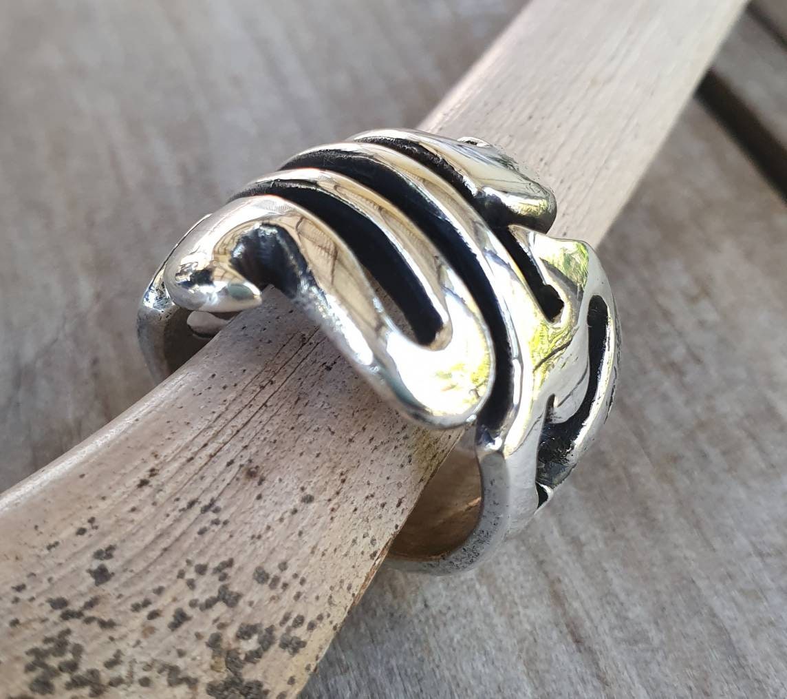 wide heavy silver ring,chunky solid sterling silver handmade unisex long ring boho tribal hipster gypsy adjustable wedding band