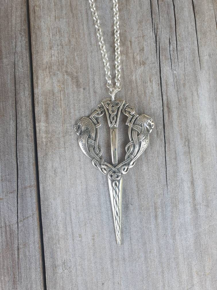 Large celtic pendant,sterling silver,handmade from a celtic cloak pin,celtic dragons,dagger,eelsh dragons