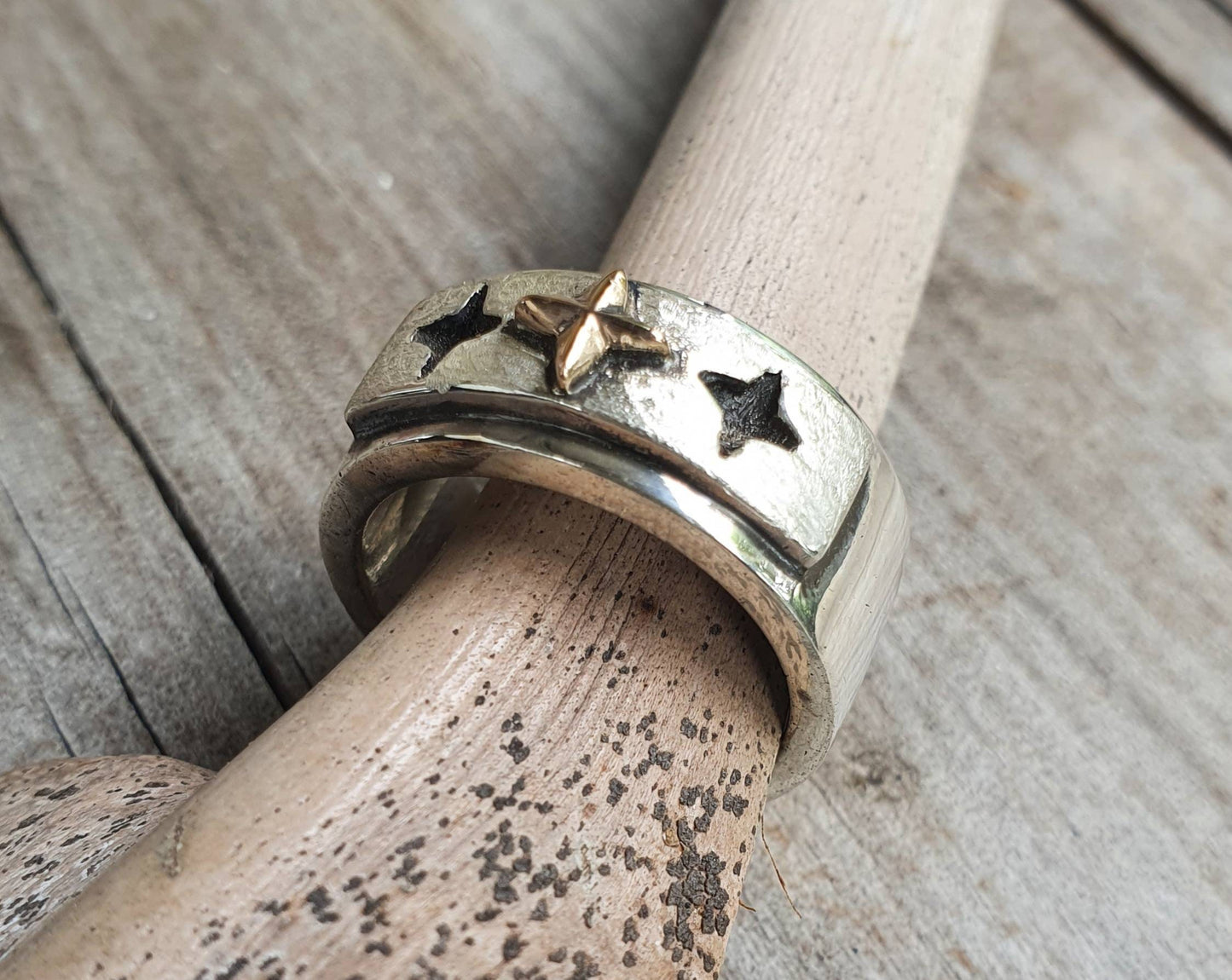 Gold star Cross ring.two tone band,10k gold, 925 sterling silver,chunky,even cross, wedding ring,oxidized,Christian,