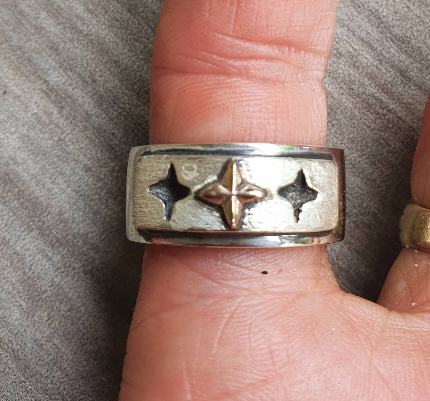 Gold star Cross ring.two tone band,10k gold, 925 sterling silver,chunky,even cross, wedding ring,oxidized,Christian,