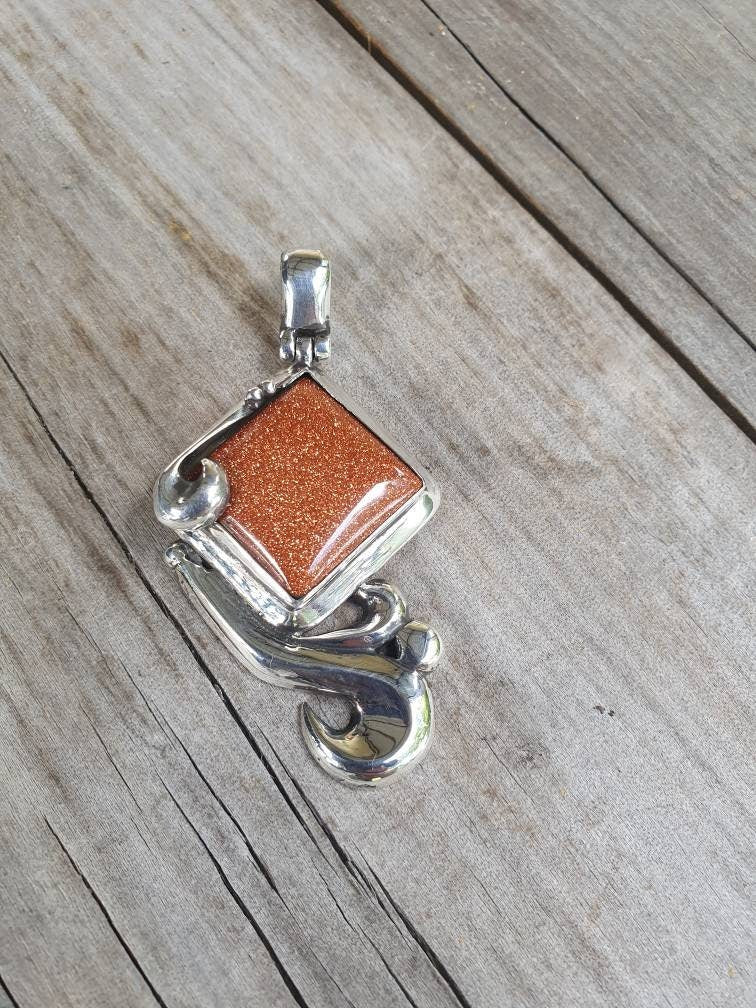 Large stone pendant,sparkling goldstone, sterling silver,handmade,designer, antique,baroque,scrolly,boho,choker,bridal necklace,gemstone