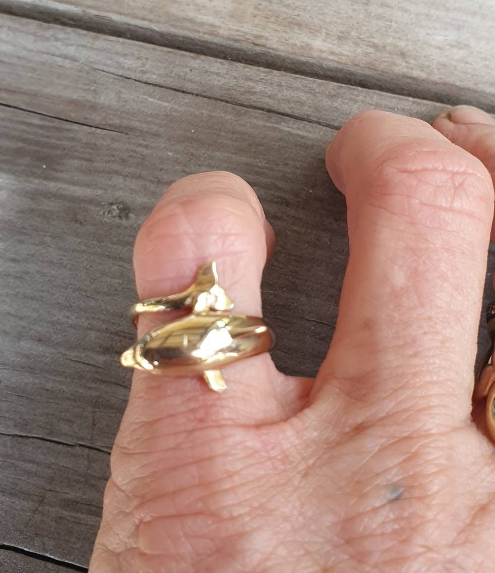 gold dolphin ring,solid 9K gold not plated,wrap around porpous,surf,marine,boho,gypsy,new age,
