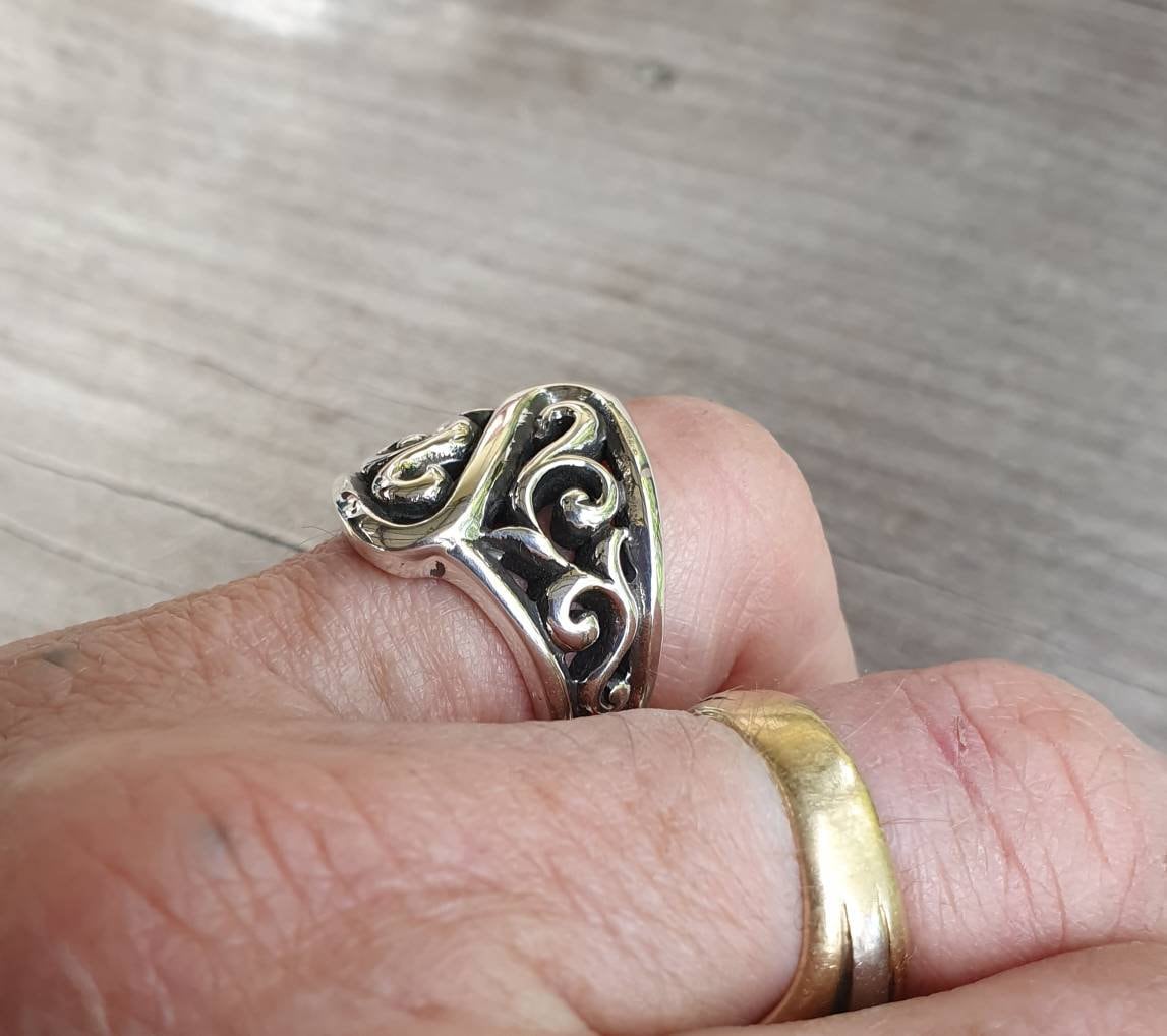 Heavy silver ring,sterling silver,unisex, wide chunky scroll ring,rustic,thick swirl ring,tribal boho band,
