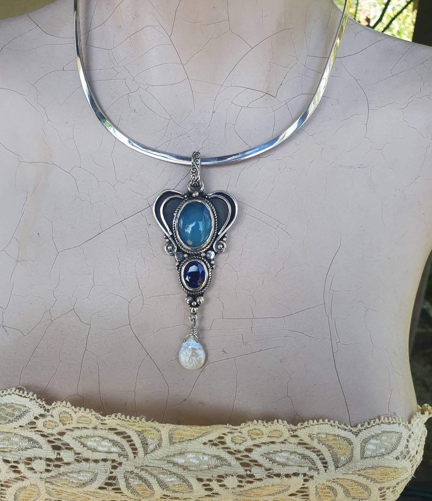Large gemstone stone pendant,925 solid sterling silver necklace,blue stones freshwater pearl,handmade,vintage.goddess,scrolly,boho,bridal,