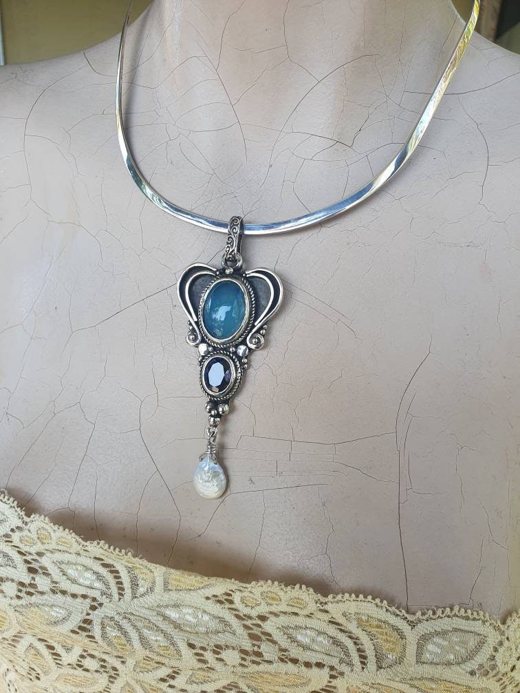 Large gemstone stone pendant,925 solid sterling silver necklace,blue stones freshwater pearl,handmade,vintage.goddess,scrolly,boho,bridal,