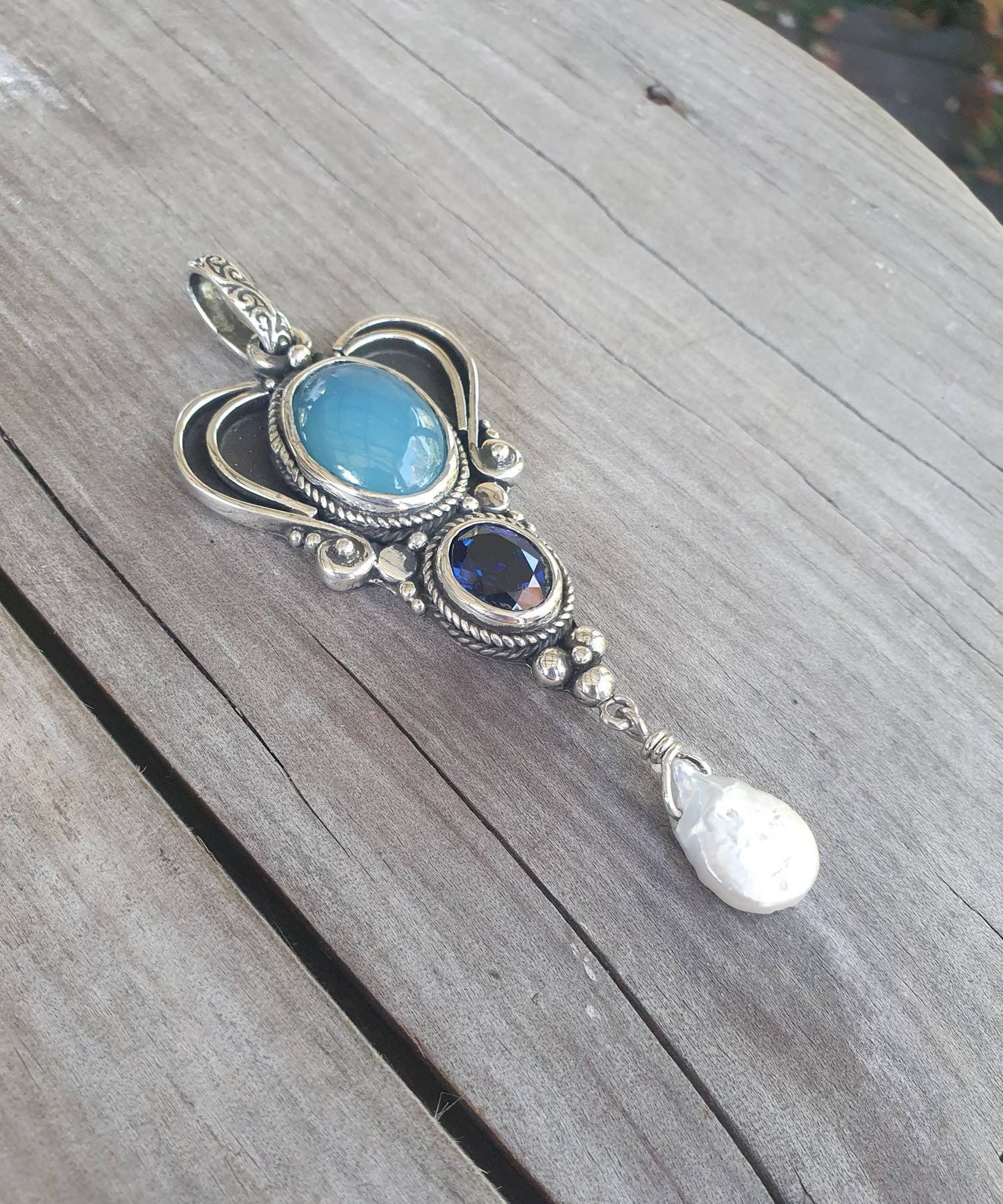 Large gemstone stone pendant,925 solid sterling silver necklace,blue stones freshwater pearl,handmade,vintage.goddess,scrolly,boho,bridal,