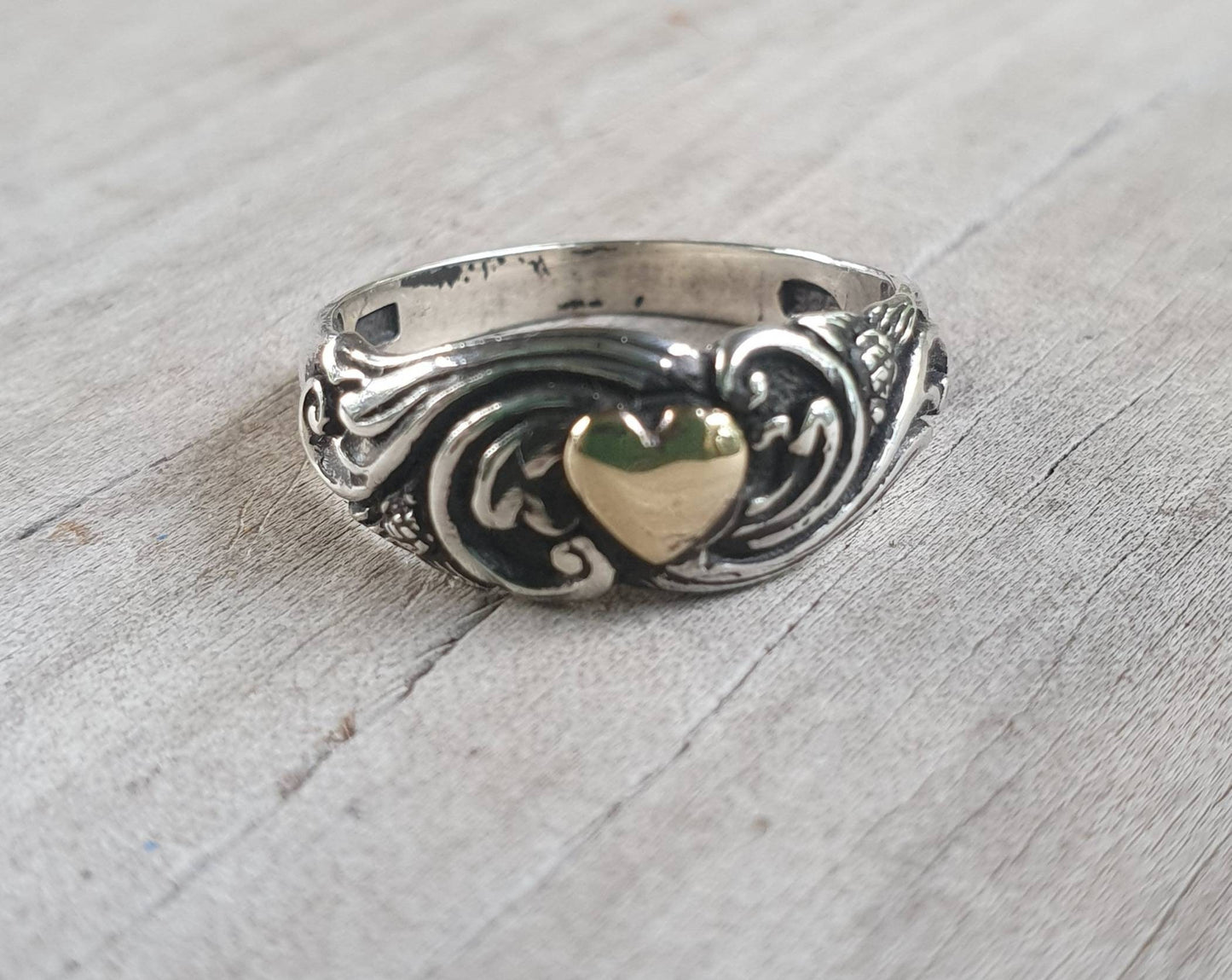Heart ring,9k Gold and 925 sterling silver,two tone ring,solid 9ct gold heart,sterling silver band,boho,vintage,handmade,goddess,bespoke