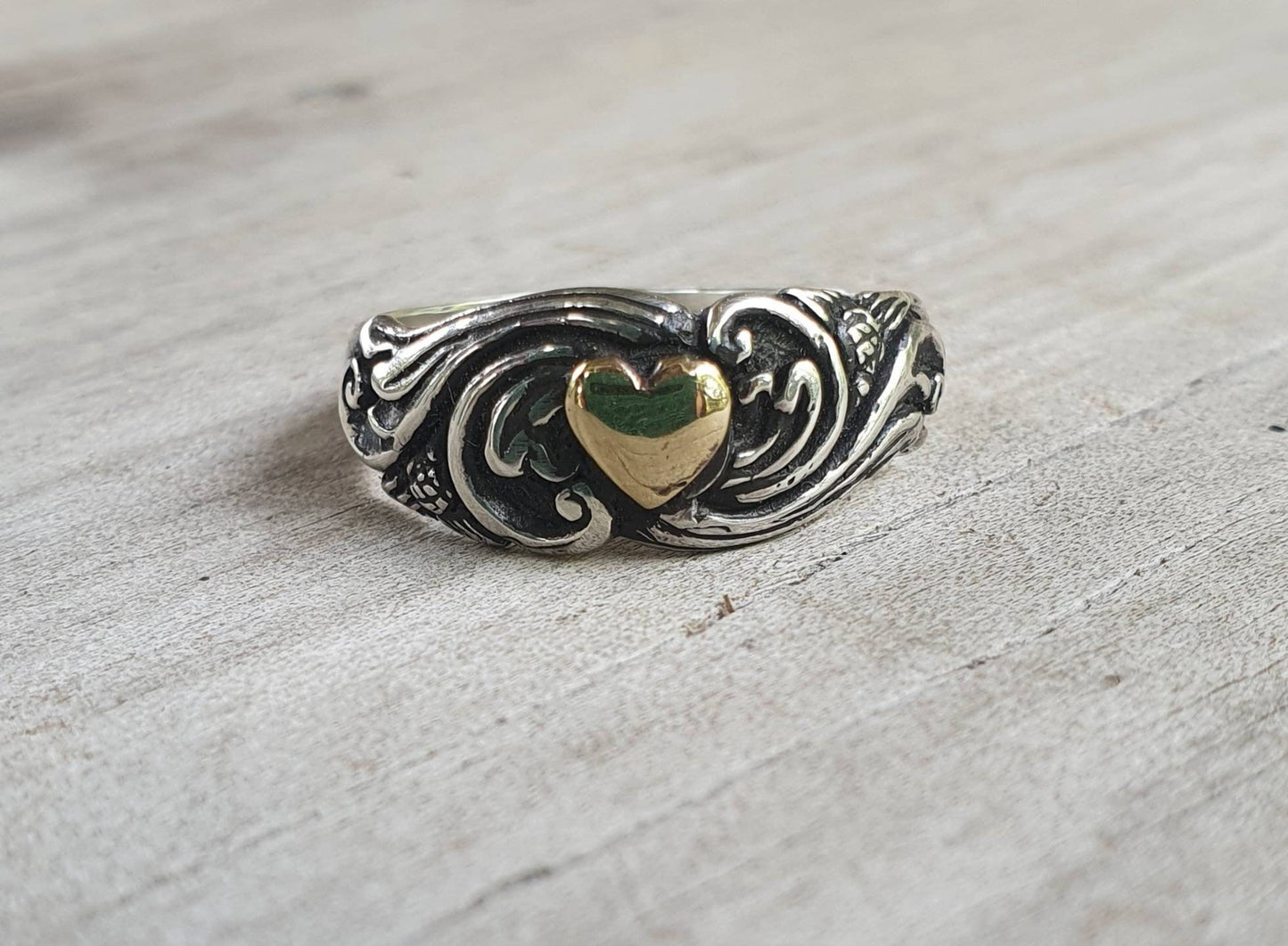 Heart ring,9k Gold and 925 sterling silver,two tone ring,solid 9ct gold heart,sterling silver band,boho,vintage,handmade,goddess,bespoke