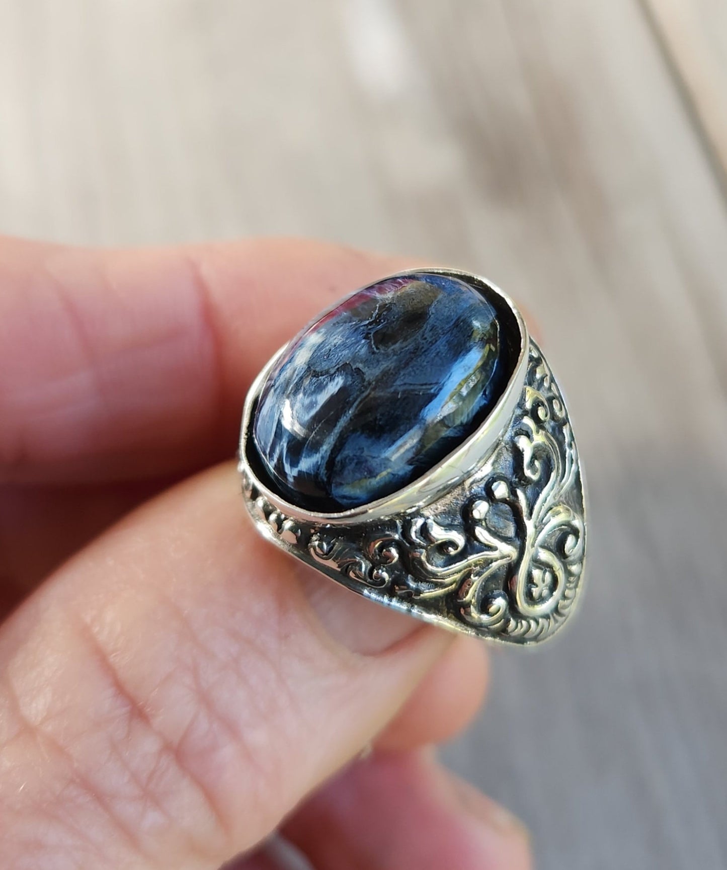 Pietersite ring,925 sterling silver,blue grey stone,mens ring,wedding dress ring, gemstone ring,unisex