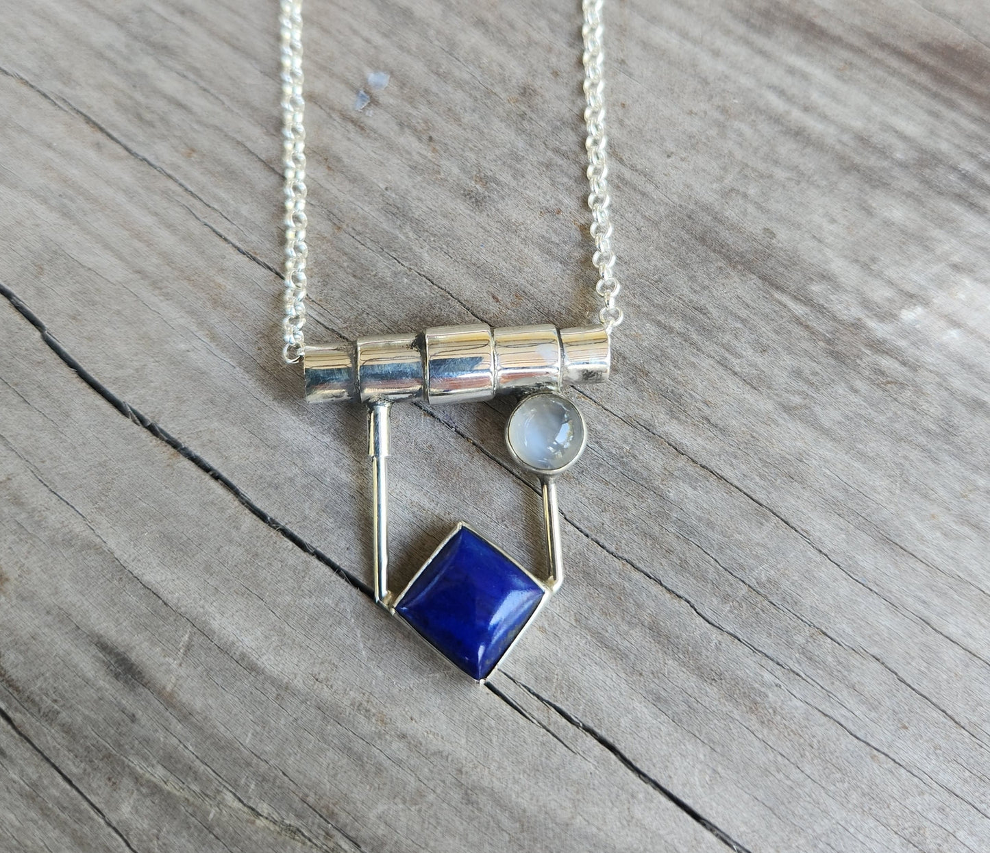 Lapis lazuli pendant,sterling silver,set with lapis and moonstone, art deco,boho,