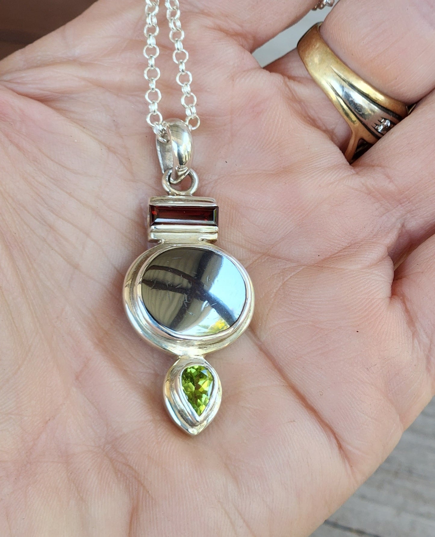 Gemstone pendant,solid sterling silver,set with hemitite, peridot,garnet,art deco,boho,