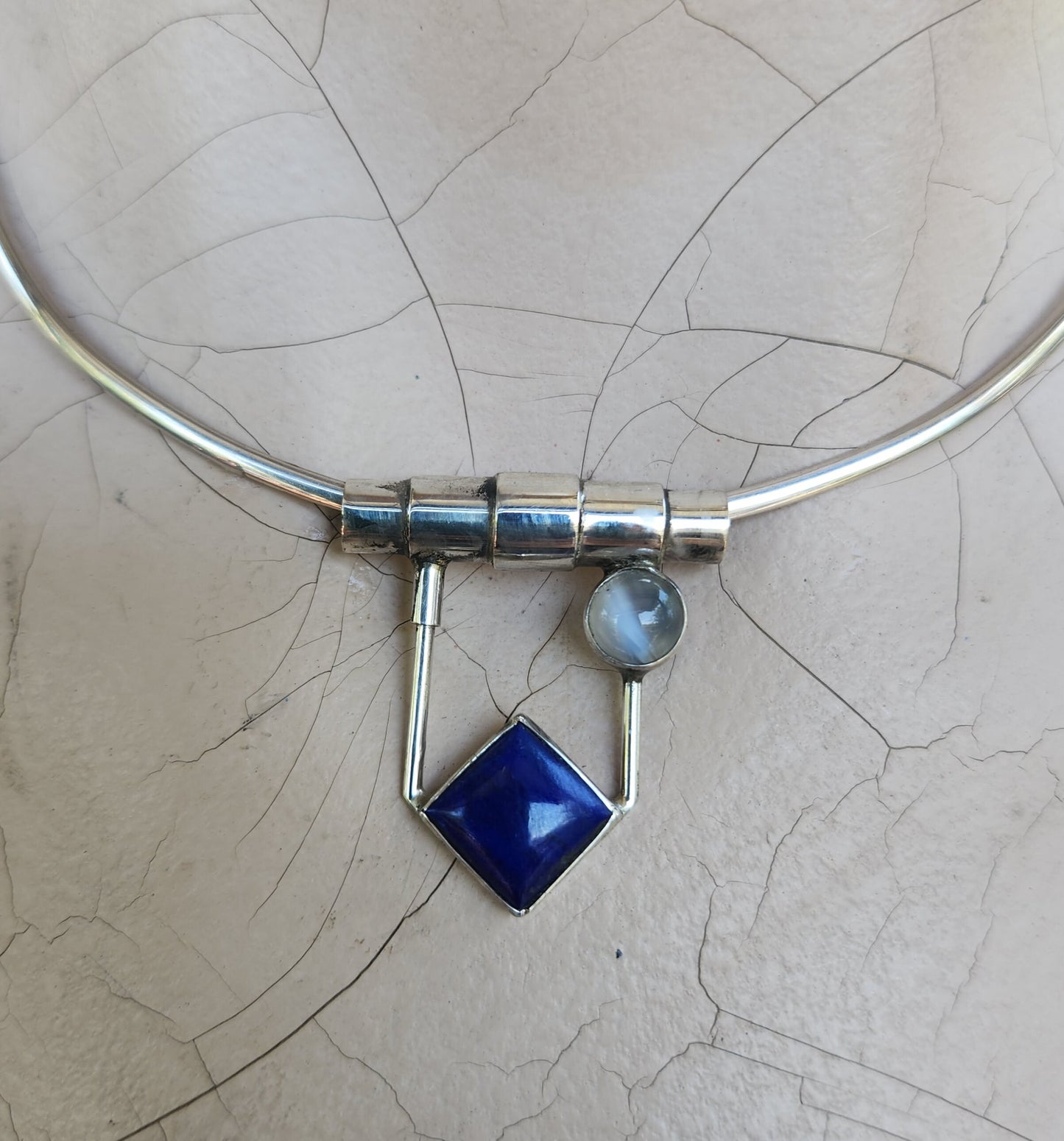 Lapis lazuli pendant,sterling silver,set with lapis and moonstone, art deco,boho,
