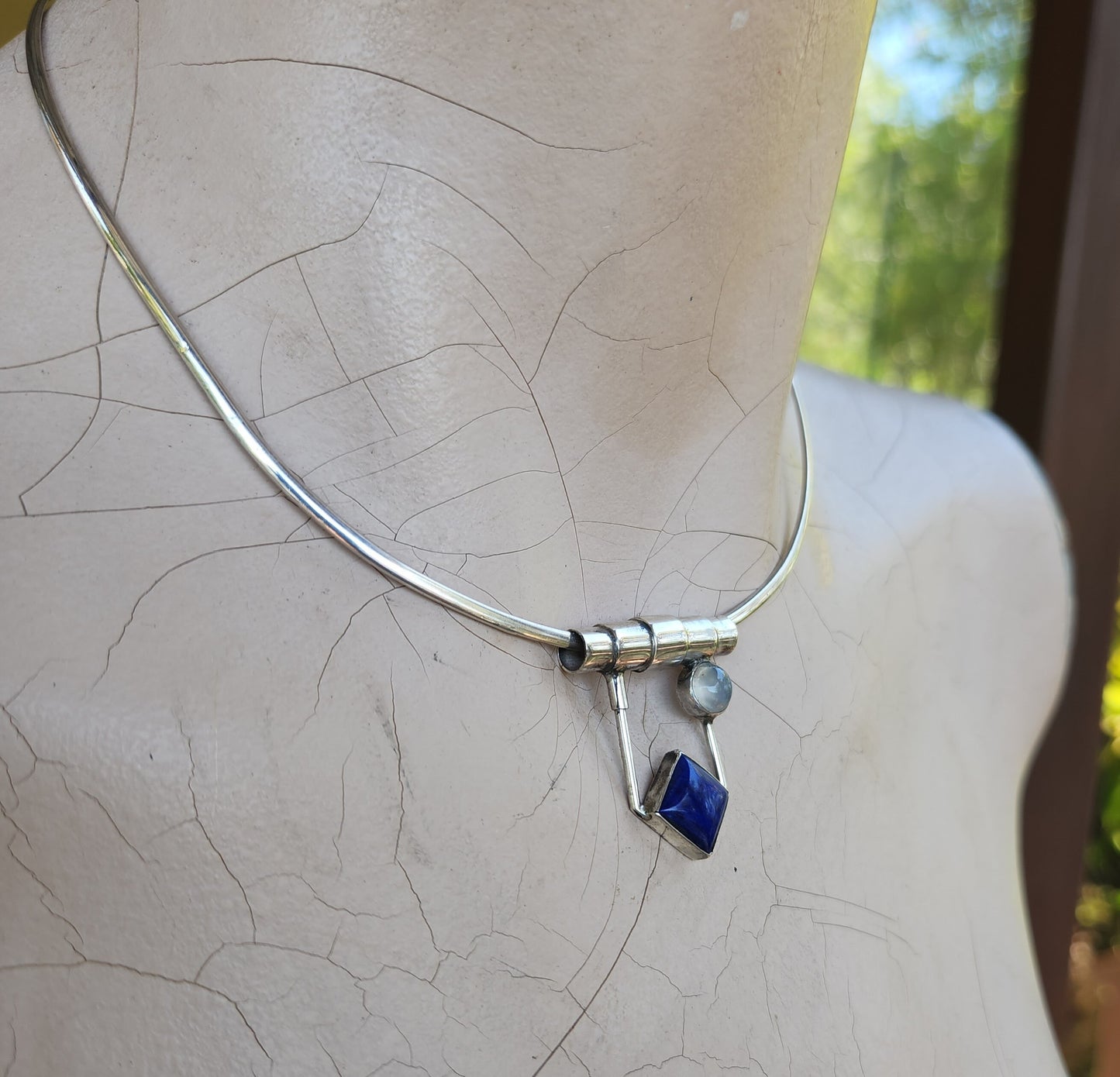 Lapis lazuli pendant,sterling silver,set with lapis and moonstone, art deco,boho,