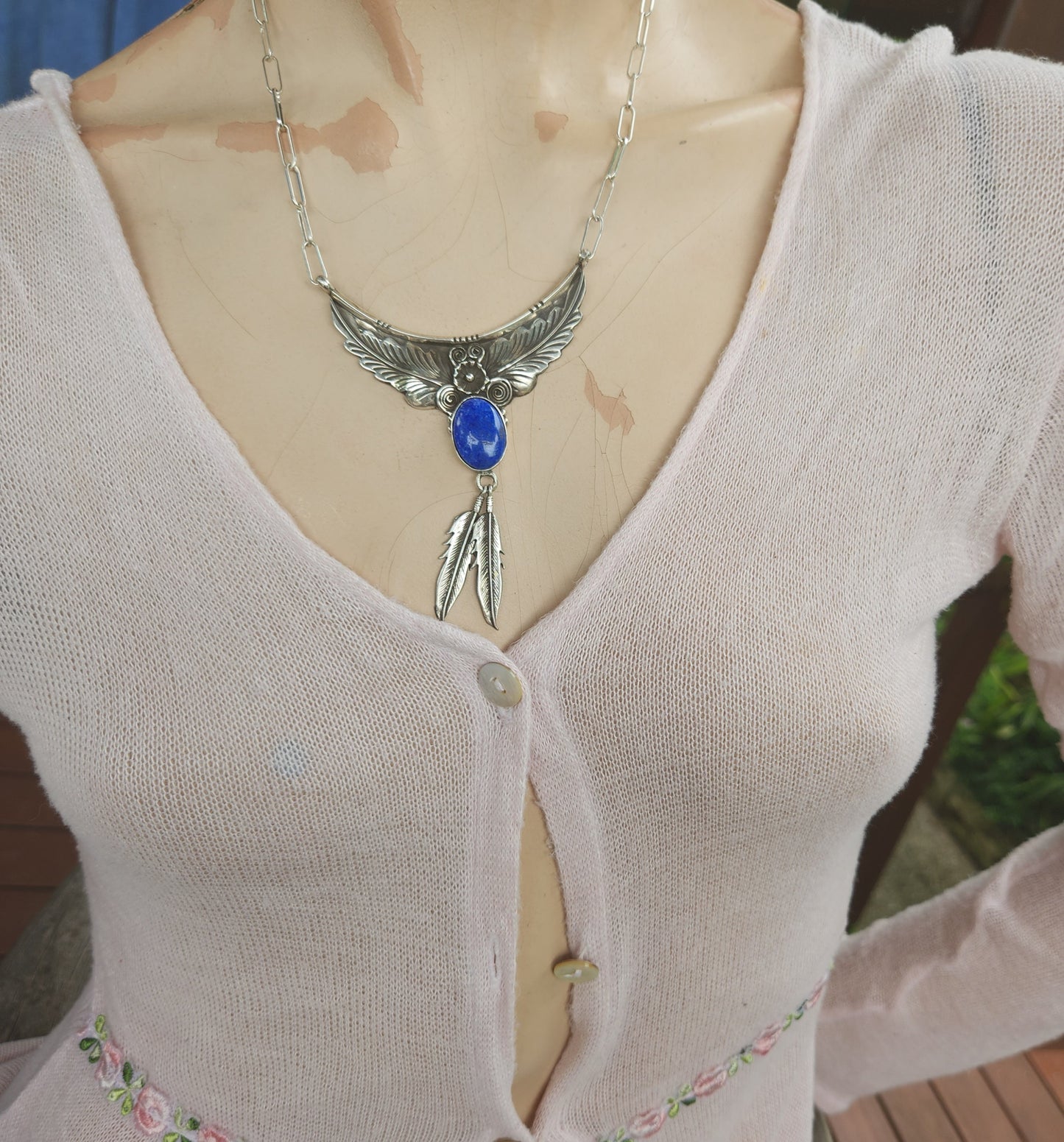 Large lapis lazuli necklace, feather, sterling silver, Navajo Indian style,tribal,boho shic,handmade,stone pendant,goddess,gypsy,ethic,hippy