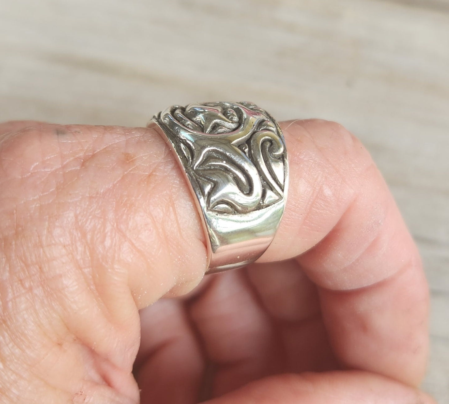 Wide silver band,sterling silver ring,ornate solid scroll, modern dress ring,unisex wedding band,chunky silver ring