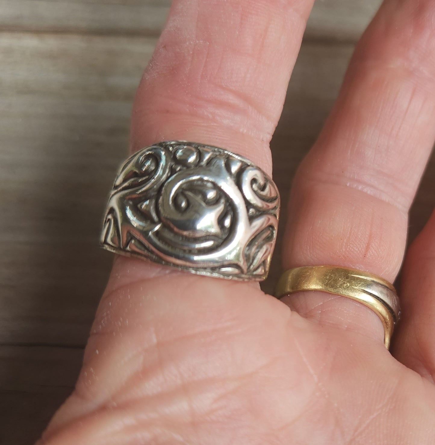 Wide silver band,sterling silver ring,ornate solid scroll, modern dress ring,unisex wedding band,chunky silver ring