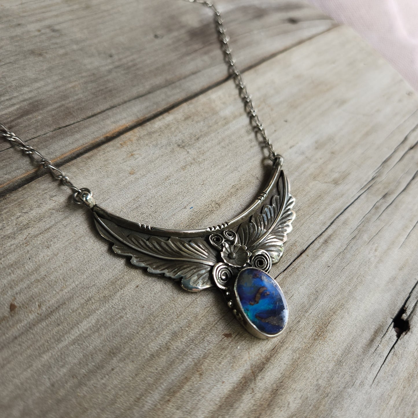 Large opal necklace.solid sterling silver, woodland leaves and flowers,Navajo Indian style necklace pendant
