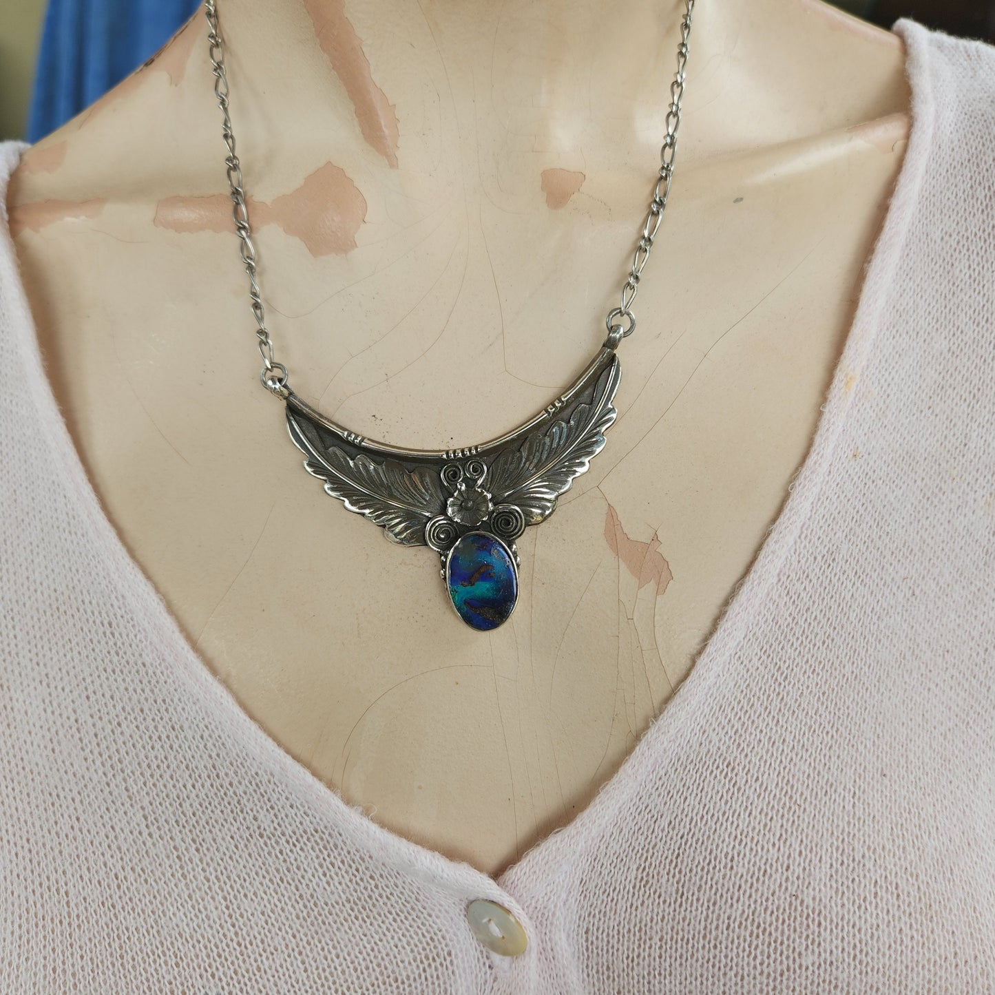 Large opal necklace.solid sterling silver, woodland leaves and flowers,Navajo Indian style necklace pendant