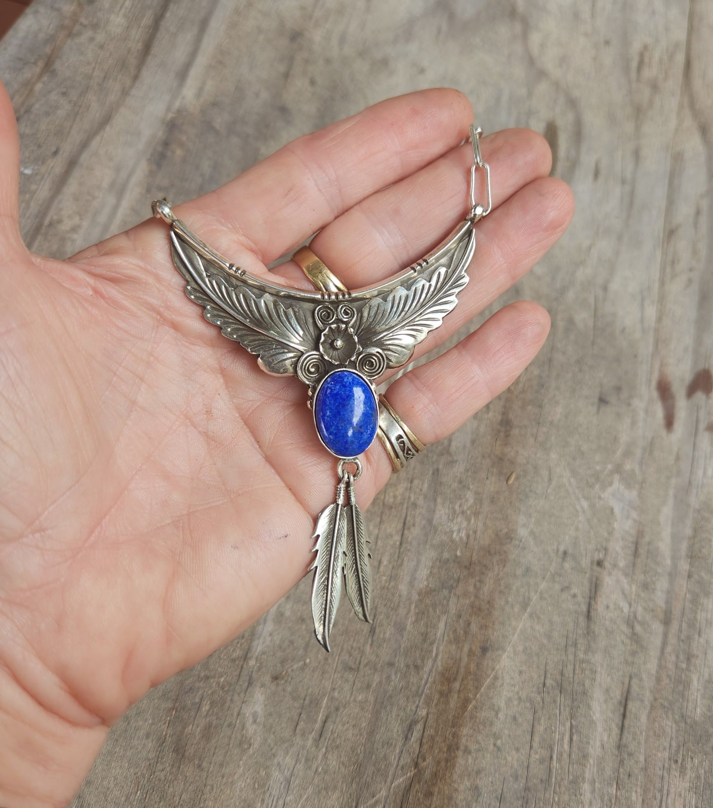 Large lapis lazuli necklace, feather, sterling silver, Navajo Indian style,tribal,boho shic,handmade,stone pendant,goddess,gypsy,ethic,hippy
