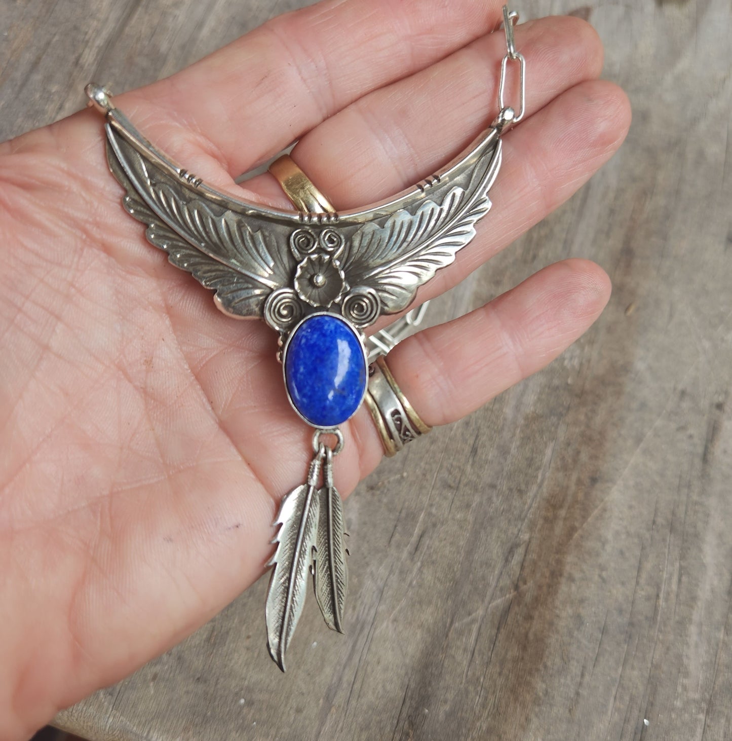 Large lapis lazuli necklace, feather, sterling silver, Navajo Indian style,tribal,boho shic,handmade,stone pendant,goddess,gypsy,ethic,hippy