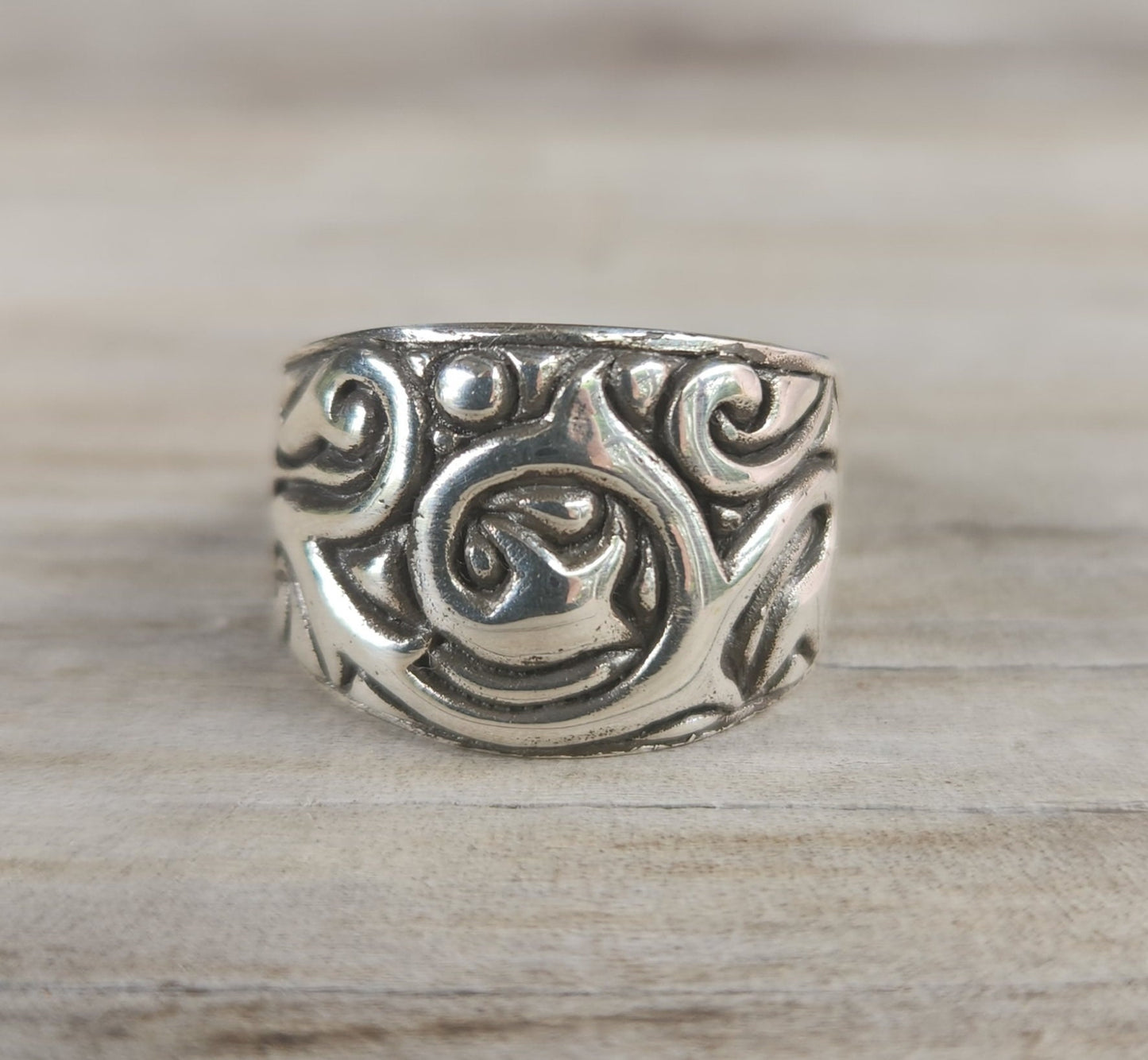 Wide silver band,sterling silver ring,ornate solid scroll, modern dress ring,unisex wedding band,chunky silver ring